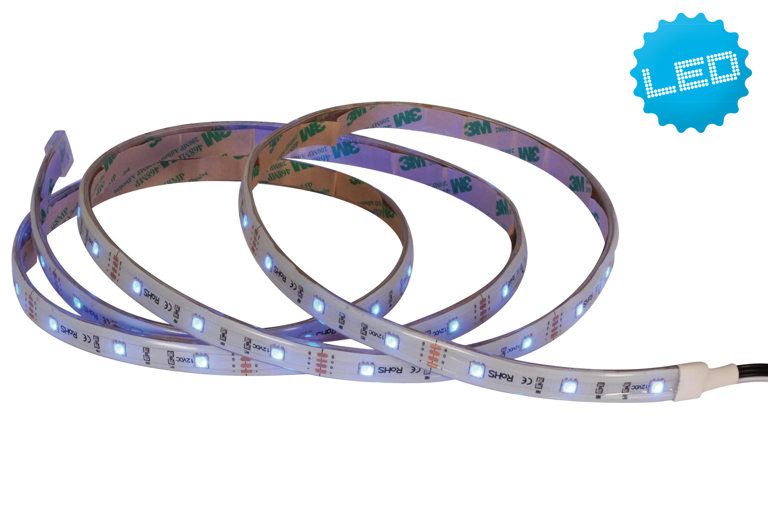 Aufgerollte LED-Streifen mit Kleberückseite. Blaue LEDs sind sichtbar.
