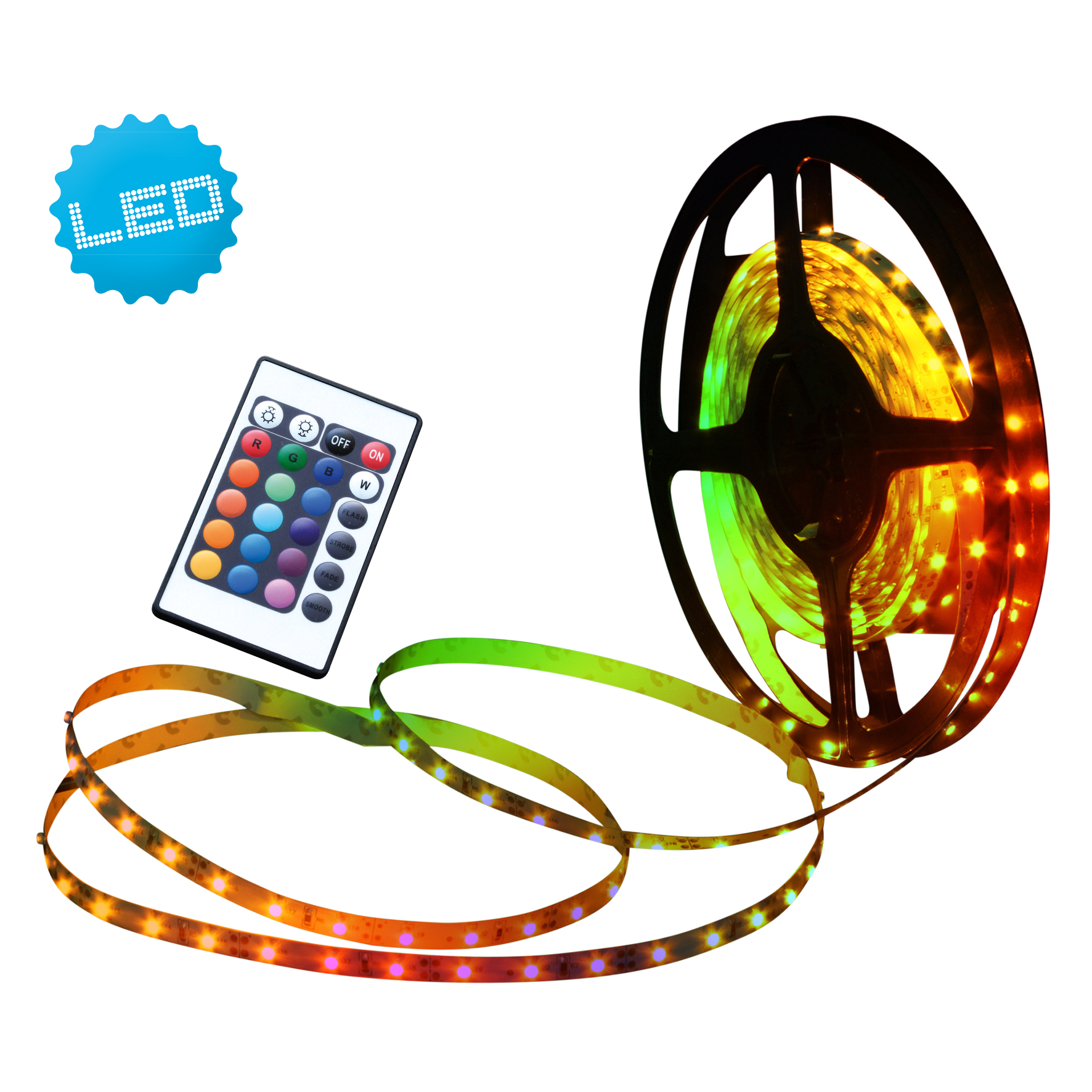 LED-Streifen mit Fernbedienung. Der Streifen ist aufgerollt. Die Fernbedienung hat viele Farbtasten.