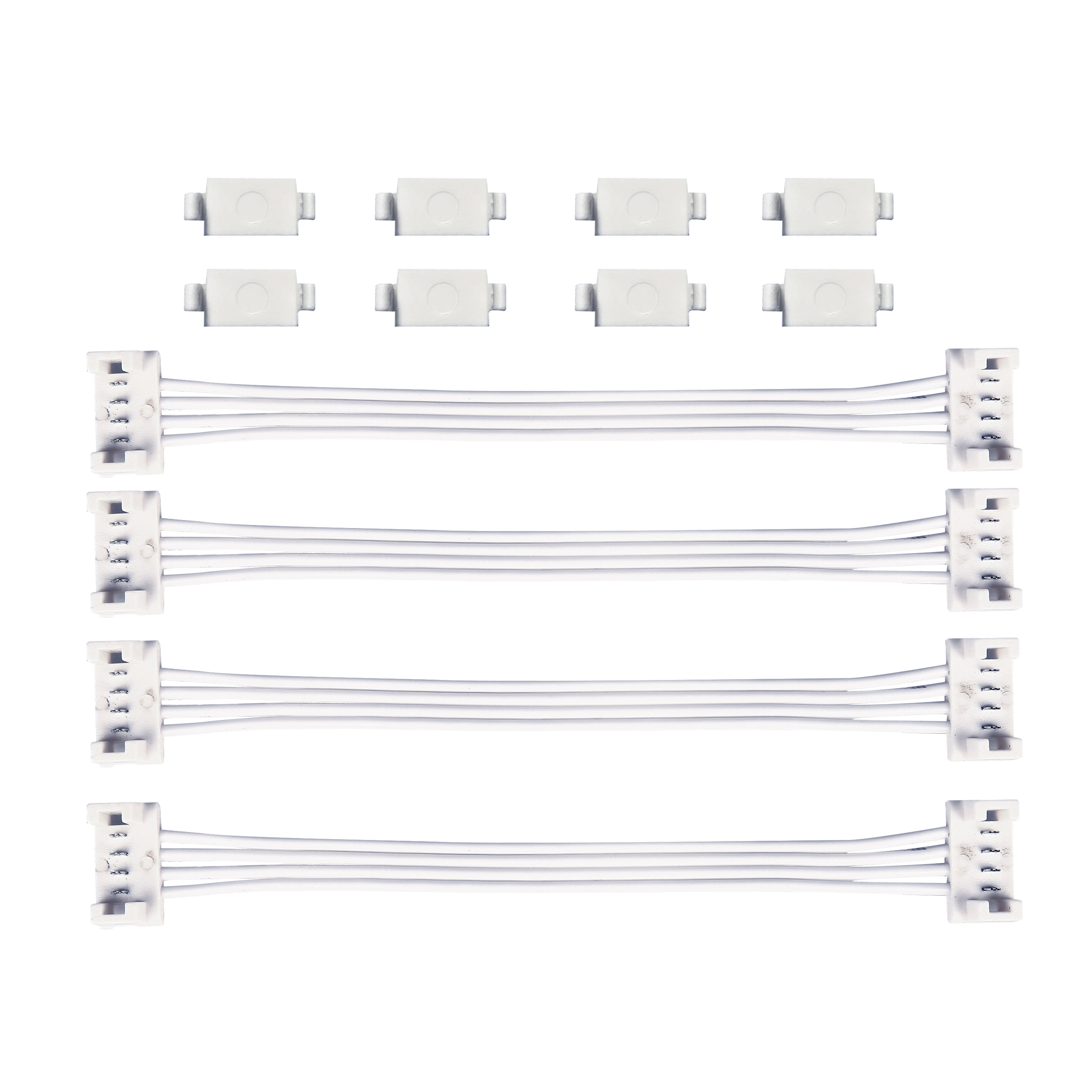 Weiße LED-Streifen-Anschlüsse und -Kabel. Es gibt acht Anschlüsse mit verbundenen weißen Drähten.