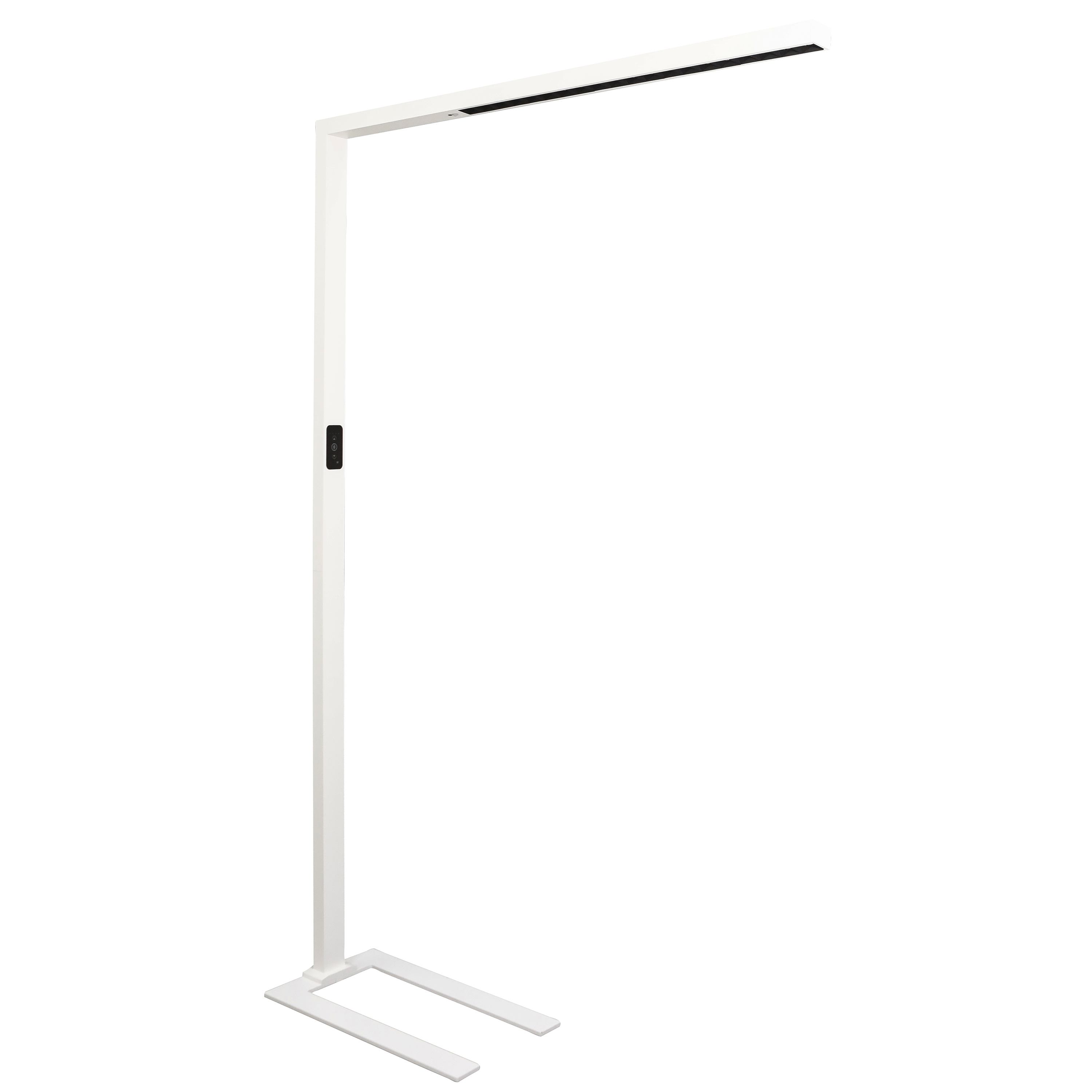 Weiße, moderne Stehlampe mit rechteckigem Licht oben und rechteckigem Fuß.