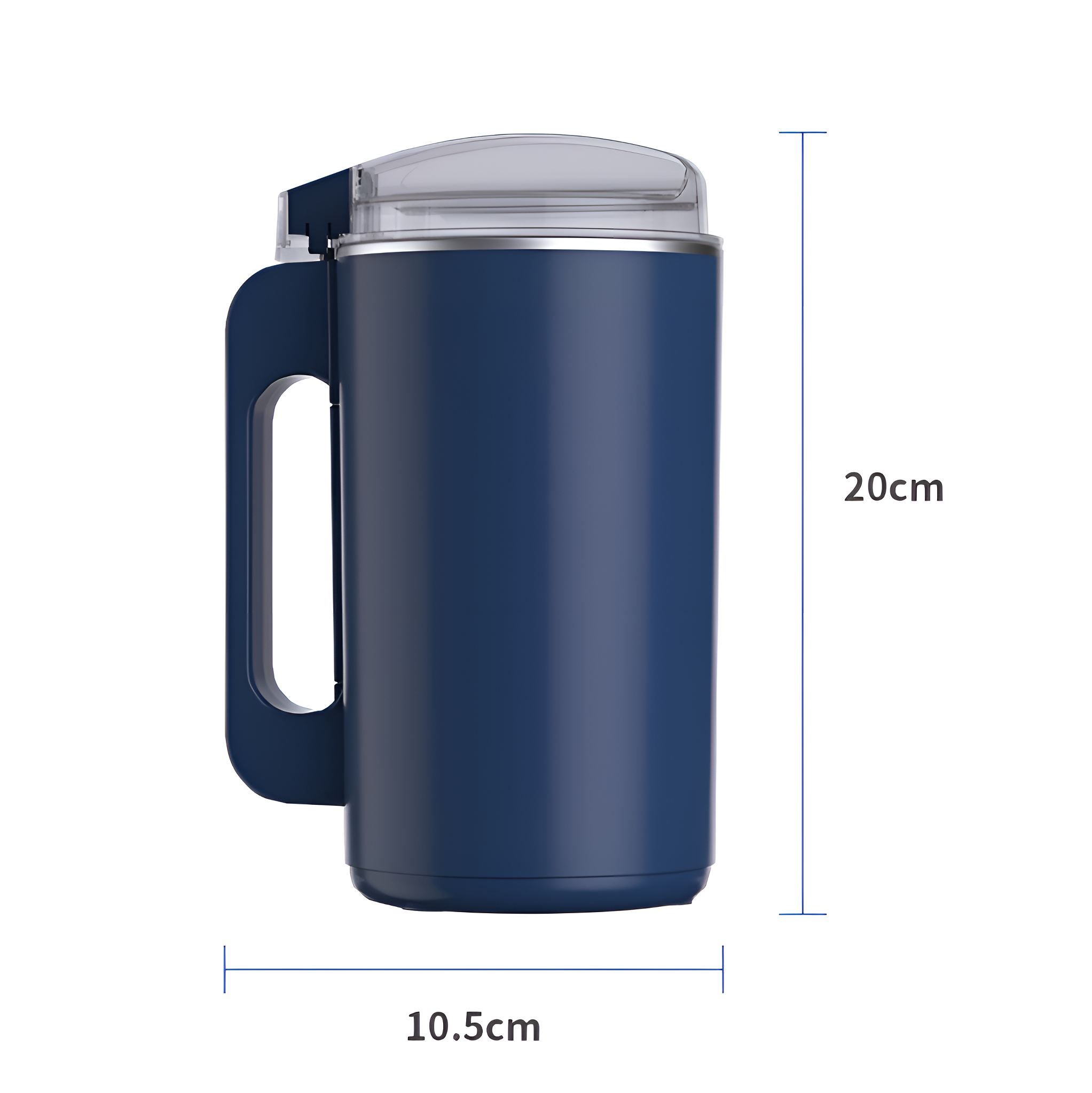 Ein blauer zylindrischer Becher mit Henkel. Abmessungen: 20 cm Höhe und 10,5 cm Breite.