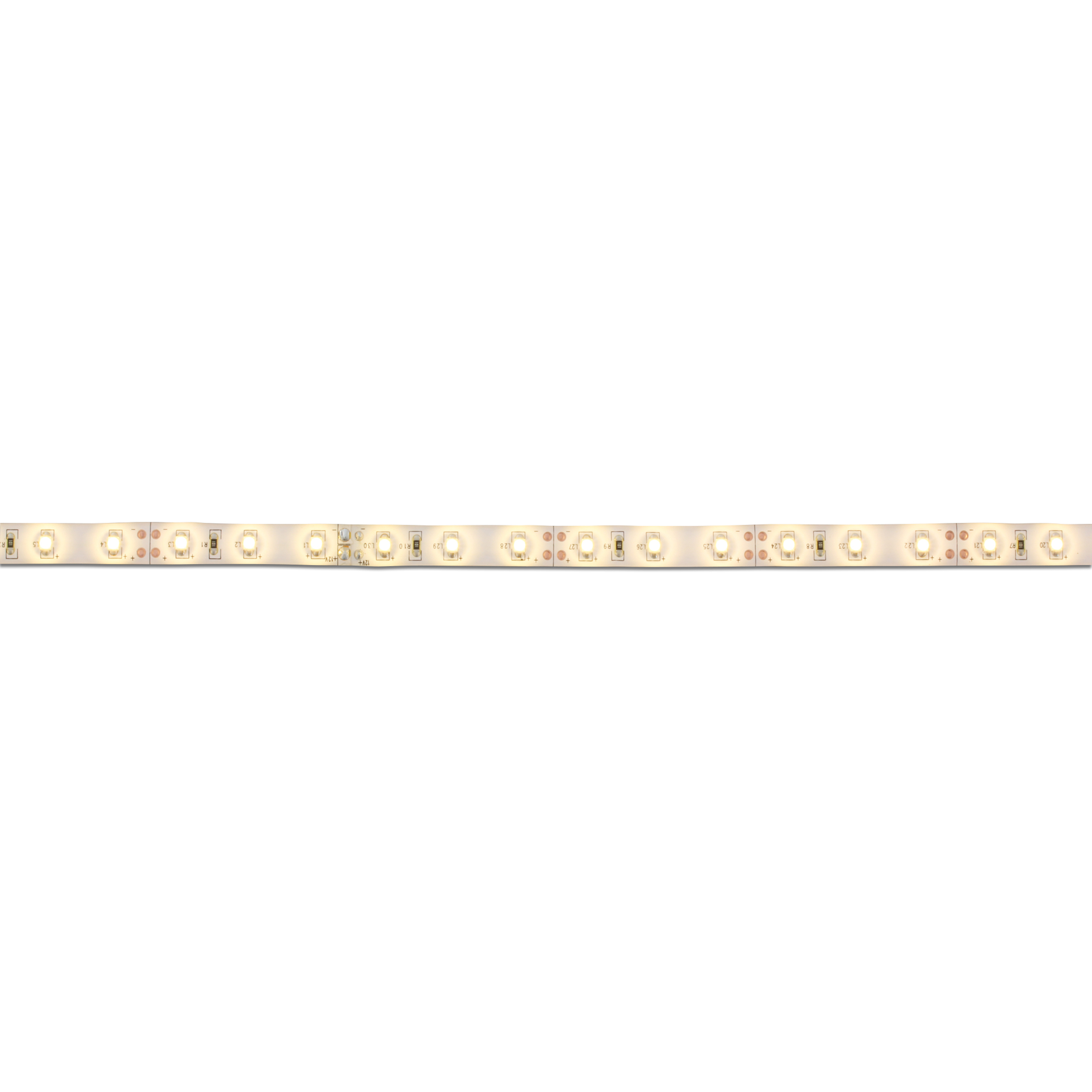 Ein Streifen LED-Leuchten mit vielen kleinen Lichtern in einer Reihe auf weißem Hintergrund.