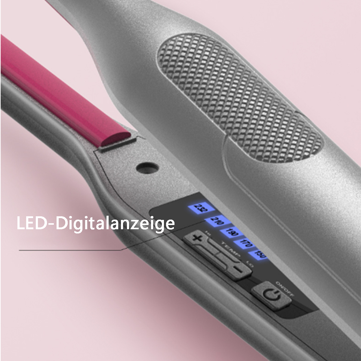 Ein silberner Haarglätter, der die LED-Anzeige mit Temperatureinstellungen und Netzschalter zeigt.