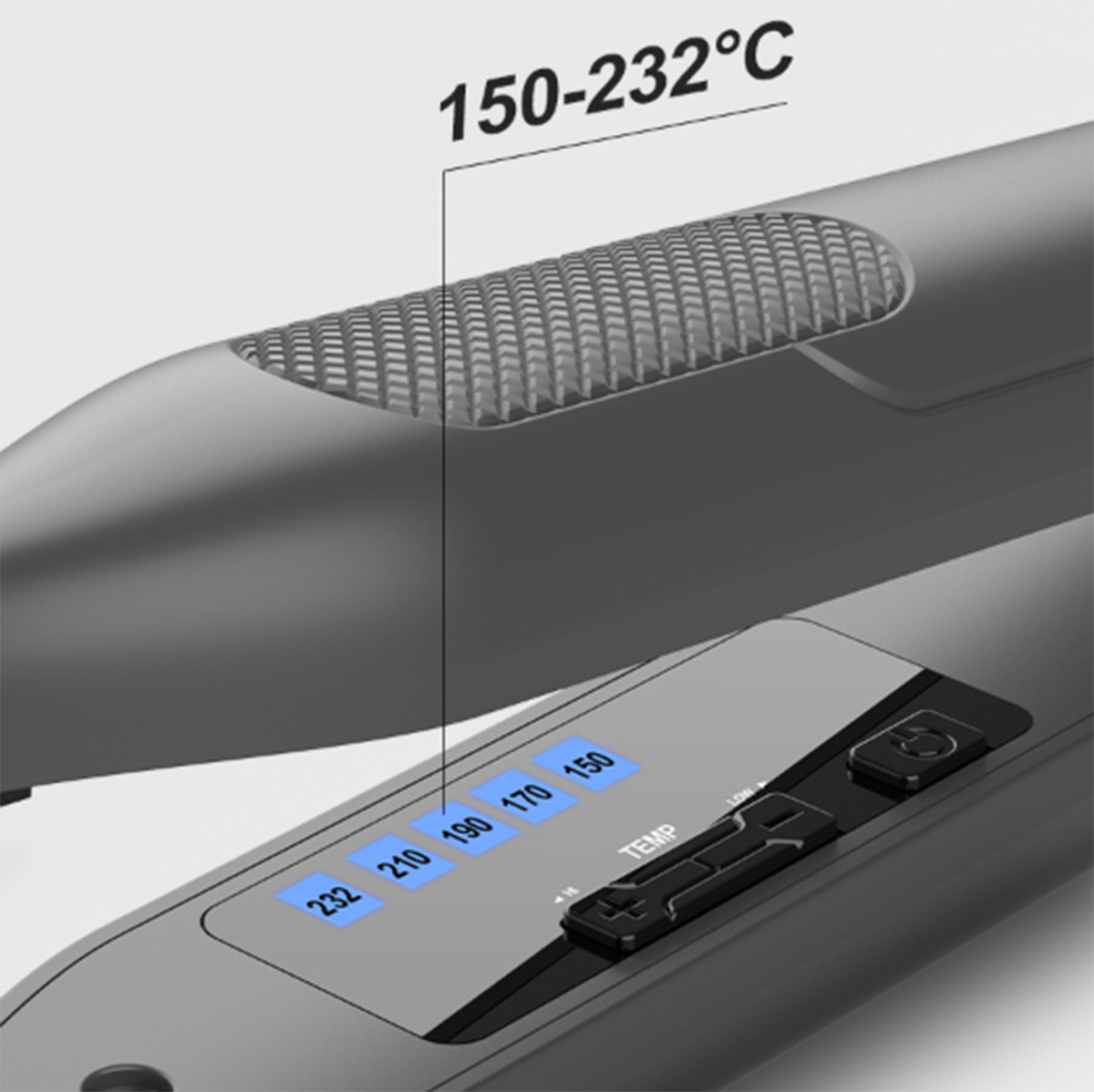 Nahaufnahme eines Glätteisens mit Digitalanzeige, die Temperatureinstellungen zwischen 150-232°C zeigt.