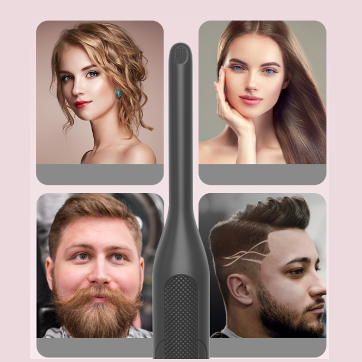 Eine Collage von vier Gesichtern: zwei Frauen und zwei Männer. Ein Mann hat einen Bart, der andere einen gestylten Haarschnitt.
