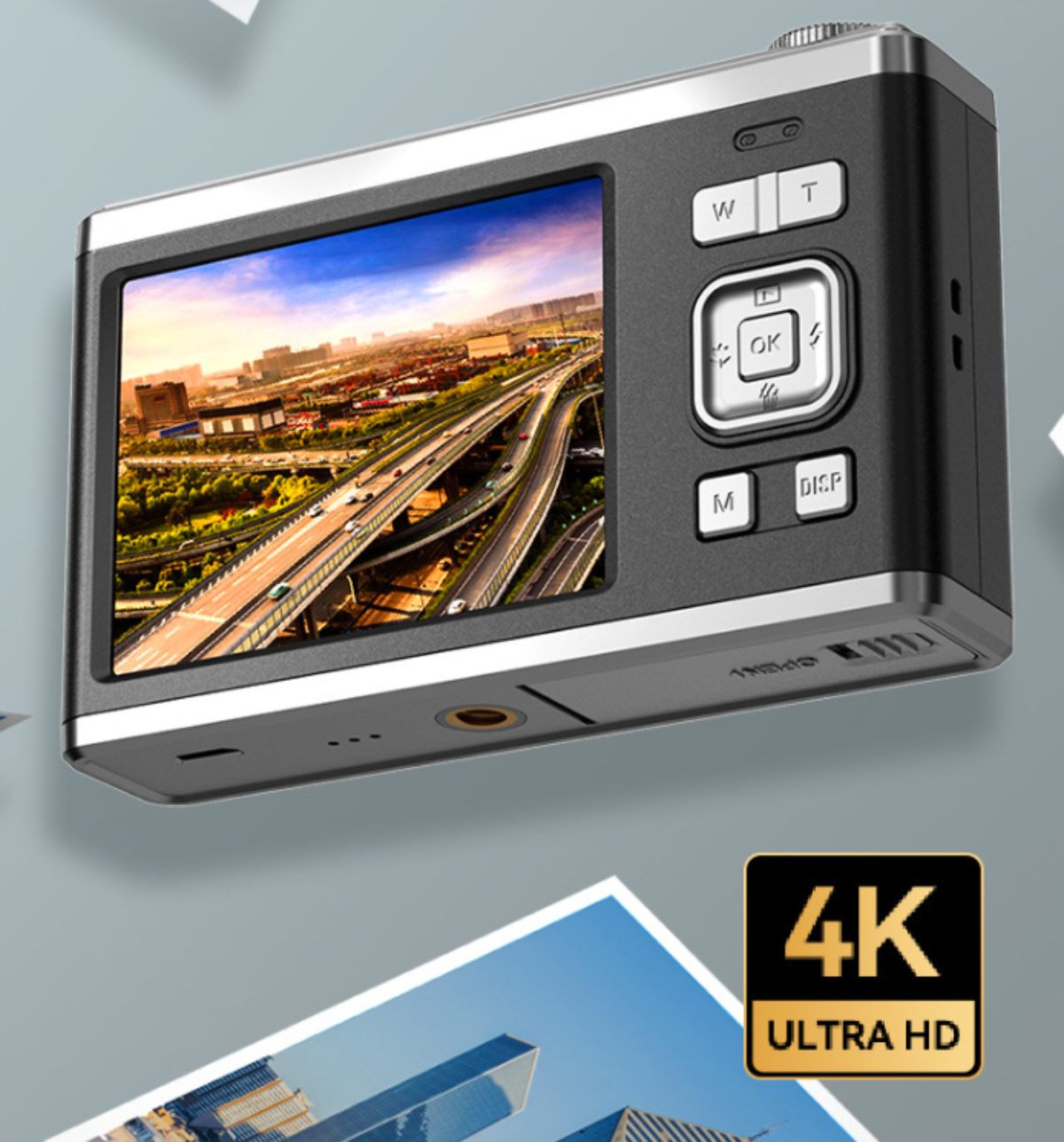 Kamerabildschirm mit Stadtlandschaft, Autobahn und 4K Ultra HD Text.