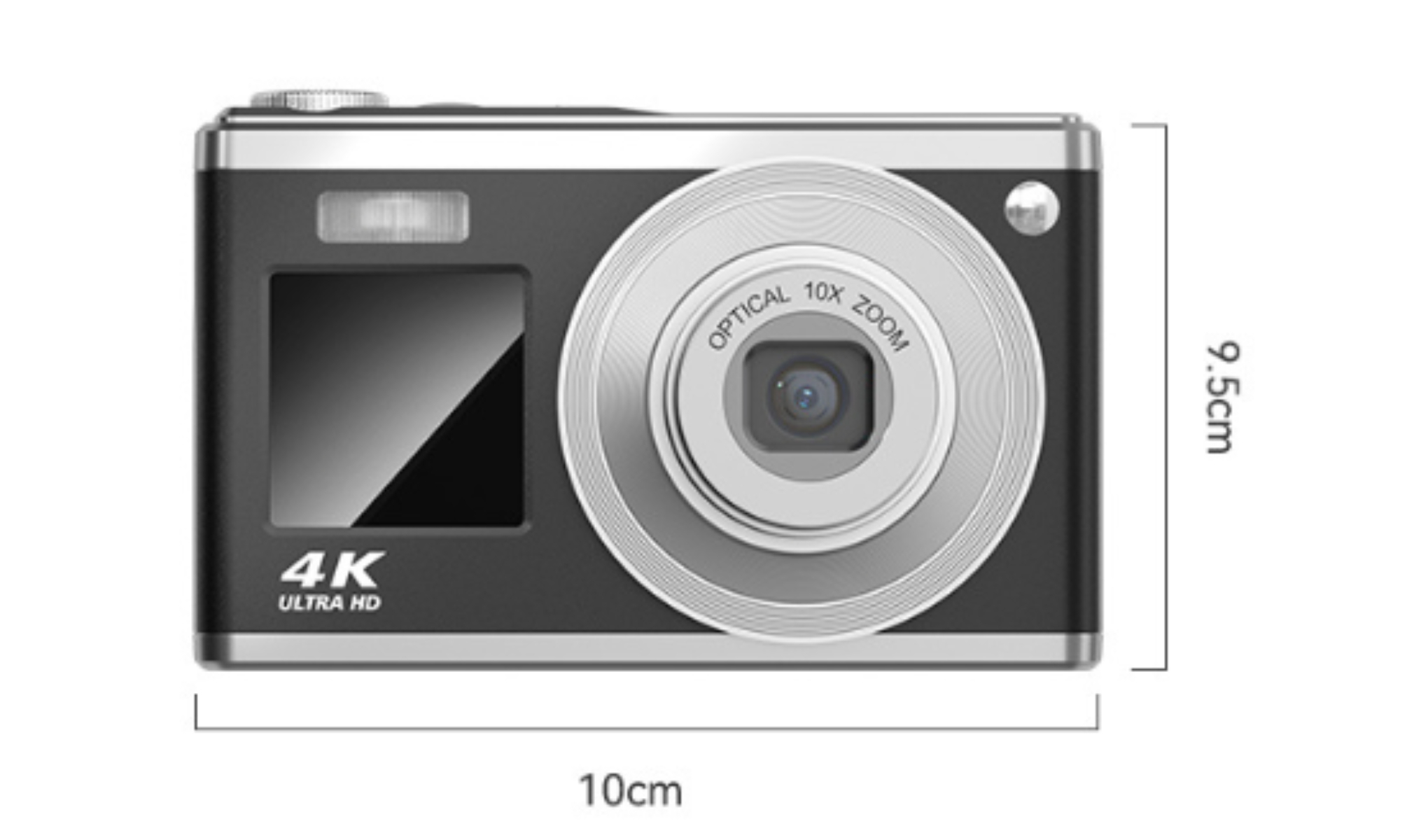 Schwarze Digitalkamera mit 4K Ultra HD und 10x Zoom, Abmessungen sind 10cm x 9,5cm, weißer Hintergrund.
