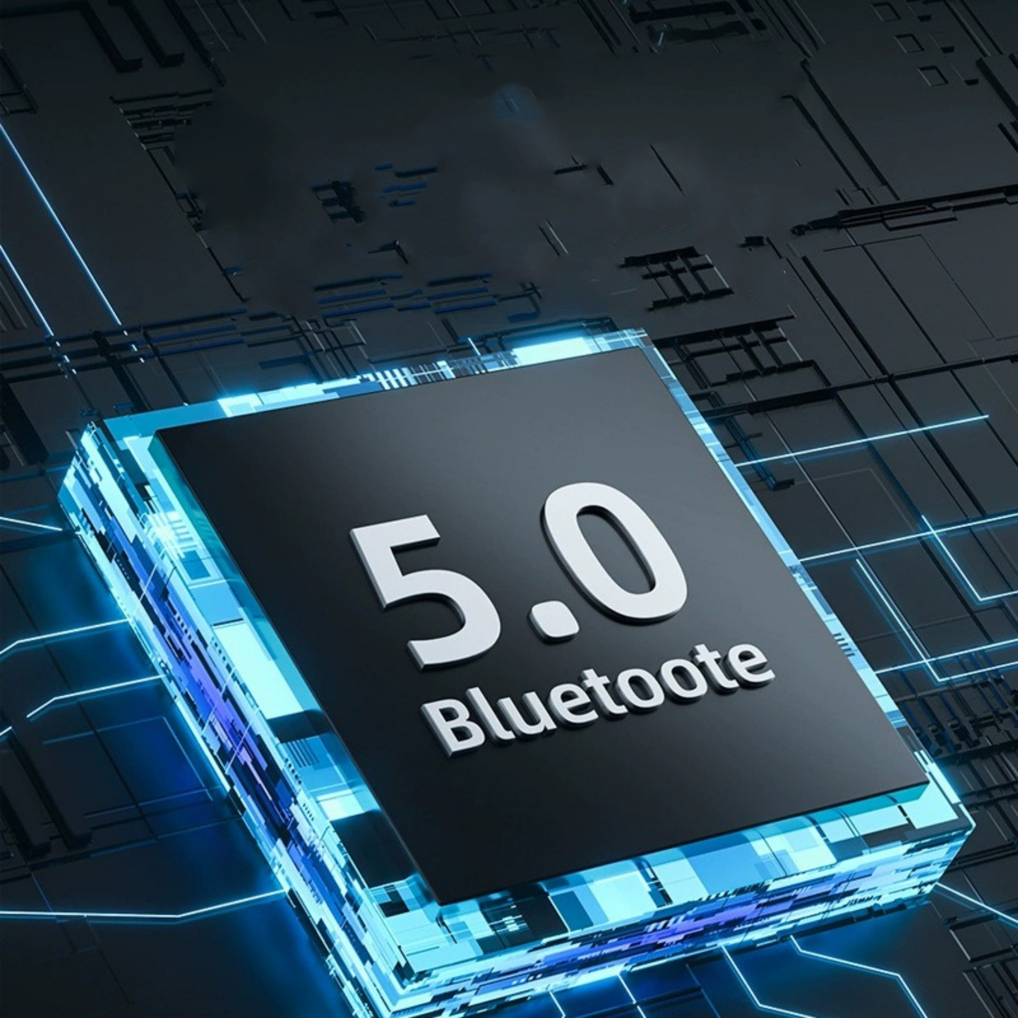 Eine schwarz-blaue Leiterplatte mit weißem Text '5.0 Bluetooth'.