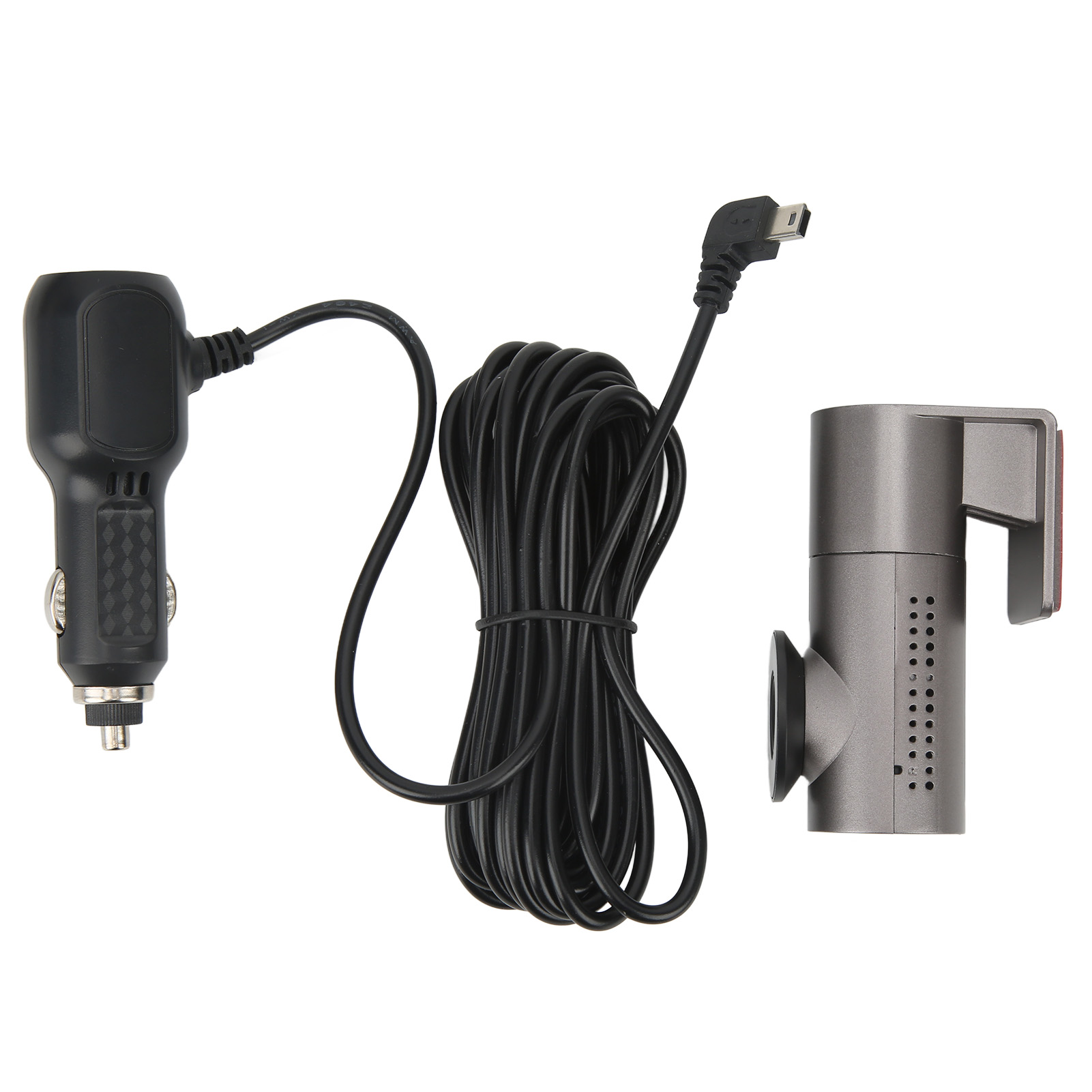 Autoladegerät, ein langes schwarzes Kabel und eine Dashcam auf weißem Hintergrund.