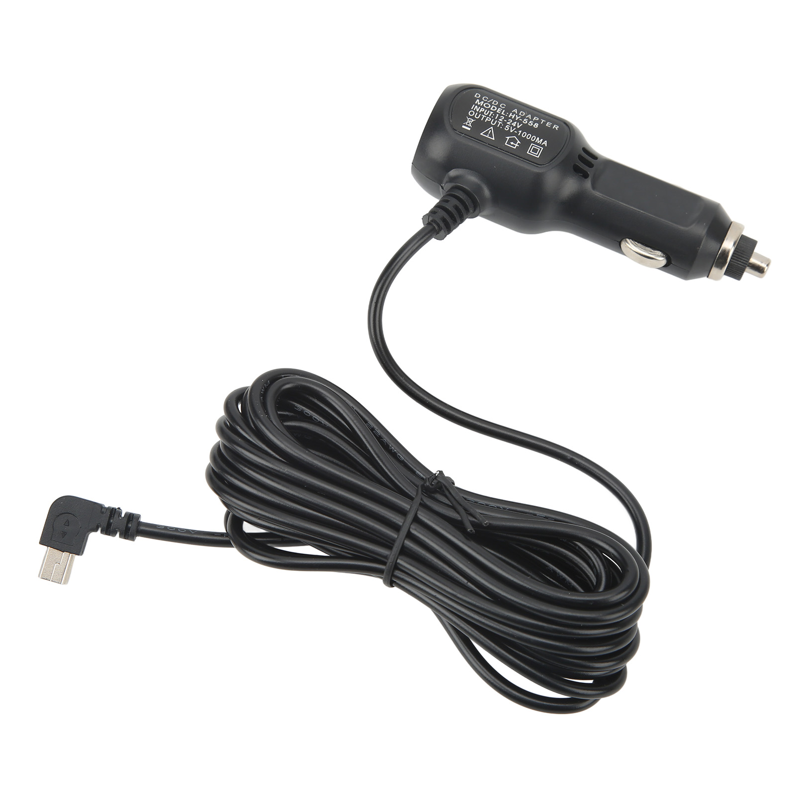 Ein schwarzes Autoladegerät mit Kabel und Micro-USB-Anschluss, auf weißem Hintergrund.