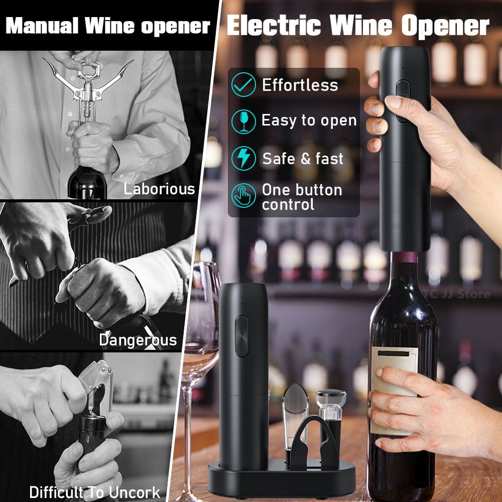 Manuelle und elektrische Weinöffner auf dunkler Oberfläche, Nahaufnahme.