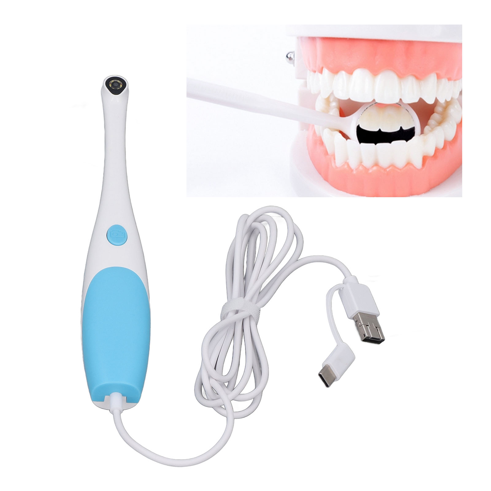 Zahnkamera mit Licht und einem Modell von Zähnen und einem Spiegel. Angeschlossen an ein USB-Kabel.
