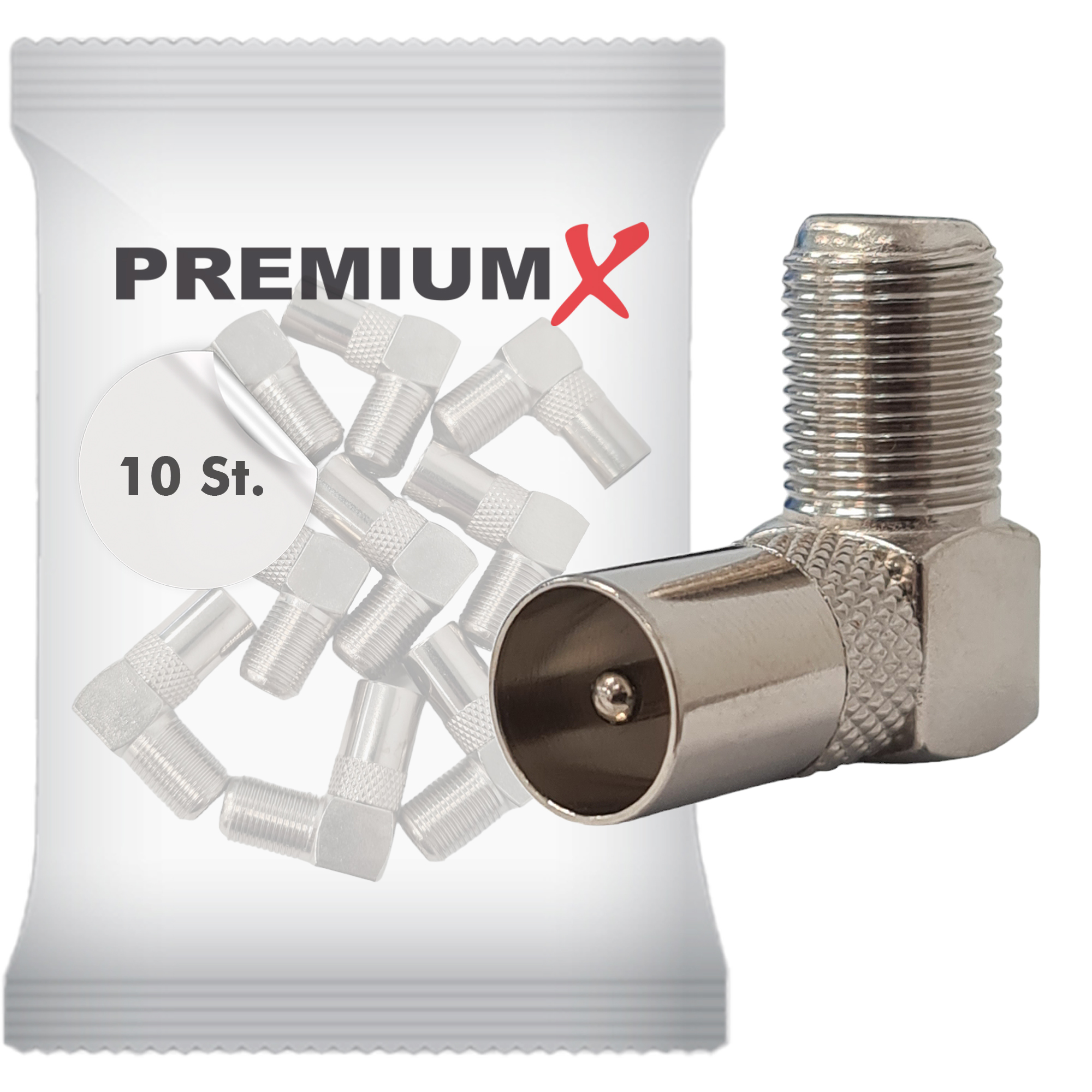 Eine Packung Koaxialkabelstecker und ein einzelner Stecker. Auf der Packung steht 'PREMIUM X'.