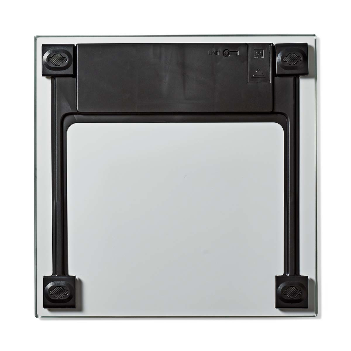 Widok z góry na wagę cyfrową. Czarno-biały design, pokazujący powierzchnię.