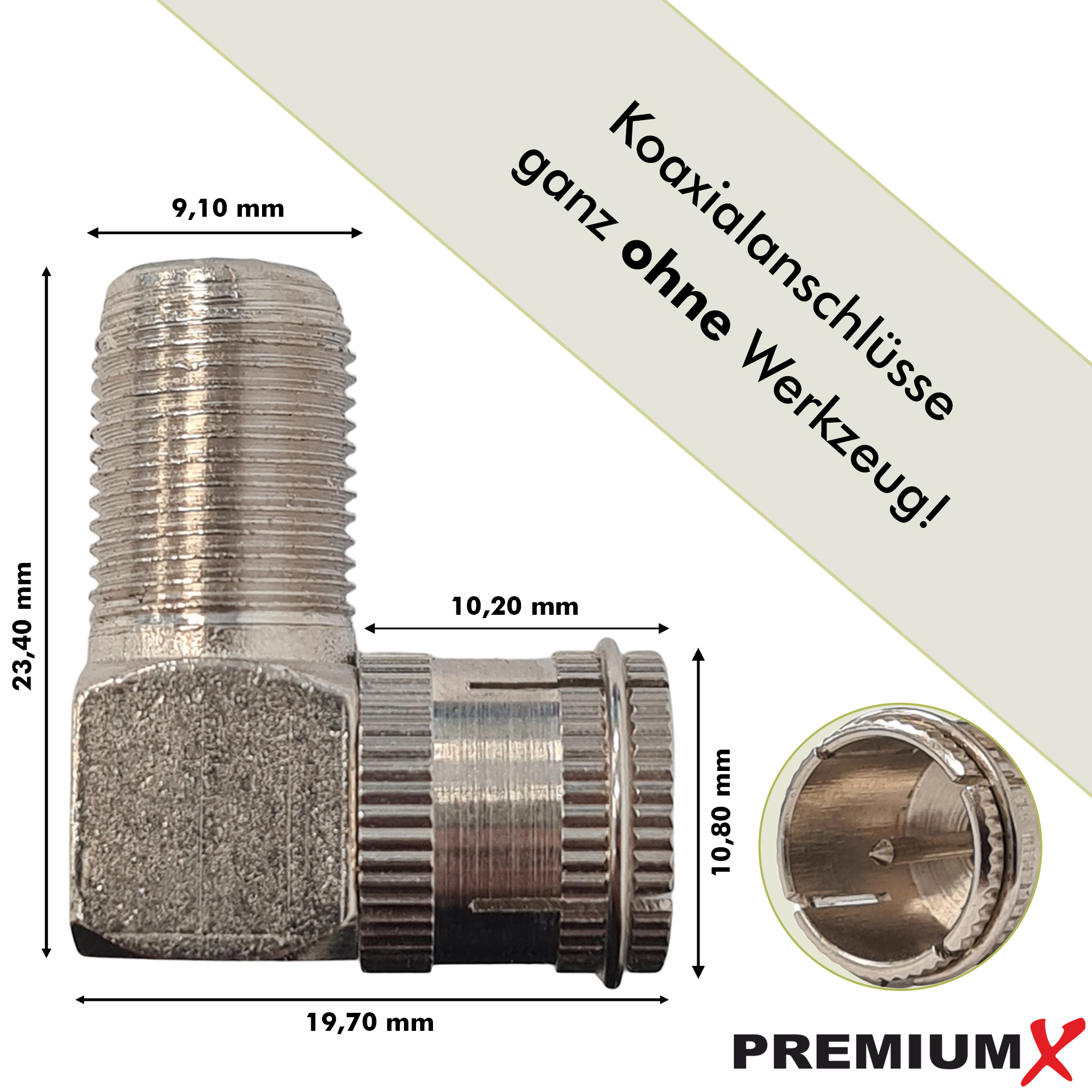 Metallverbinder mit Abmessungen in mm und dem Text: Koaxialanschlüsse ganz ohne Werkzeug!