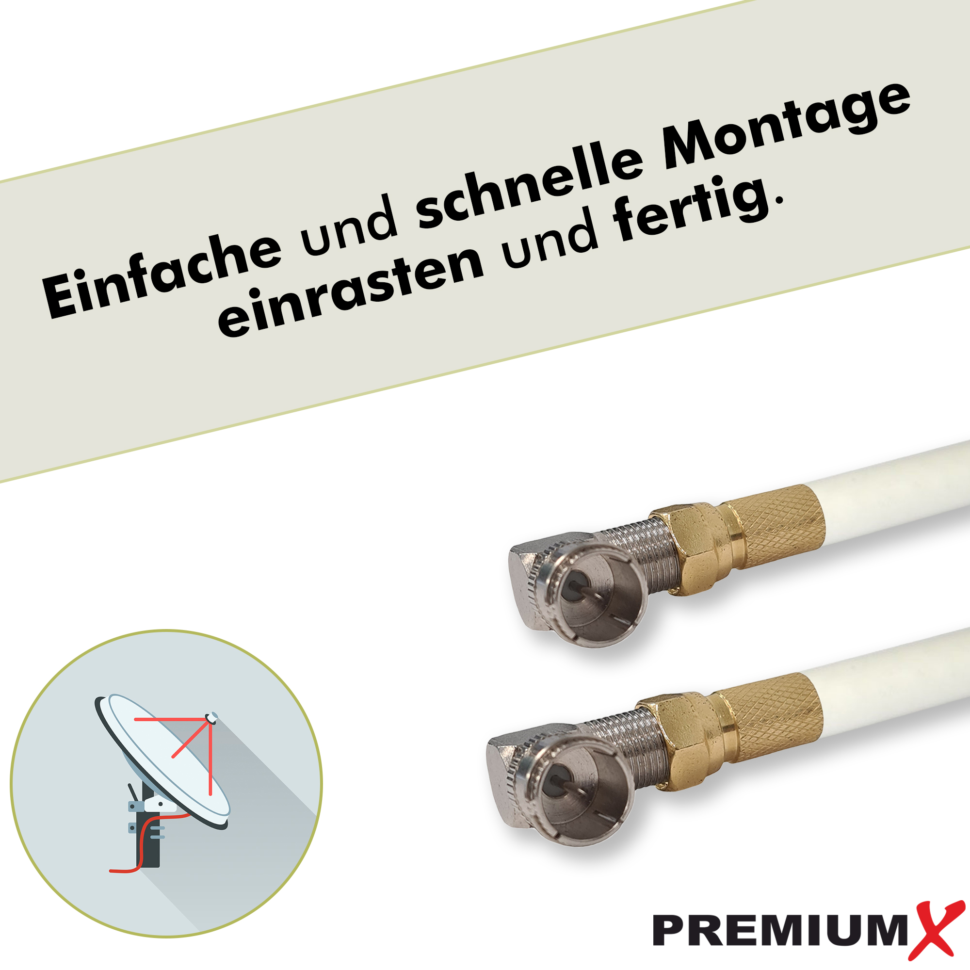 TV-Kabel mit Anschlüssen, Text oben, weißer Hintergrund.