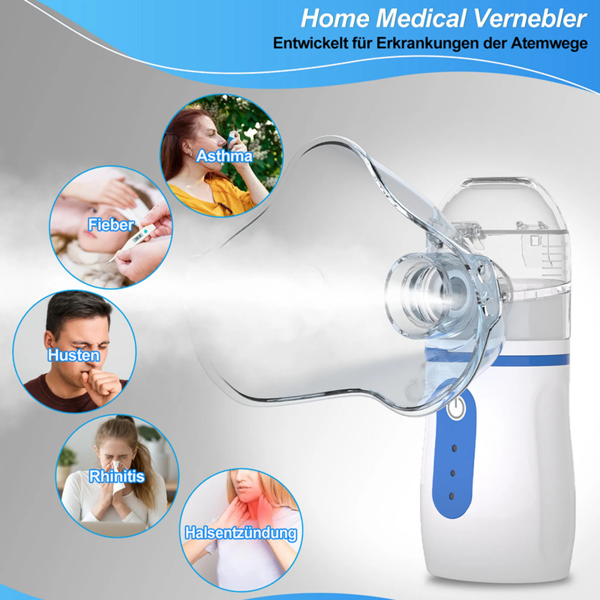 Medizinischer Vernebler mit Grafiken, die Erkrankungen wie Asthma, Husten und Schnupfen zeigen.