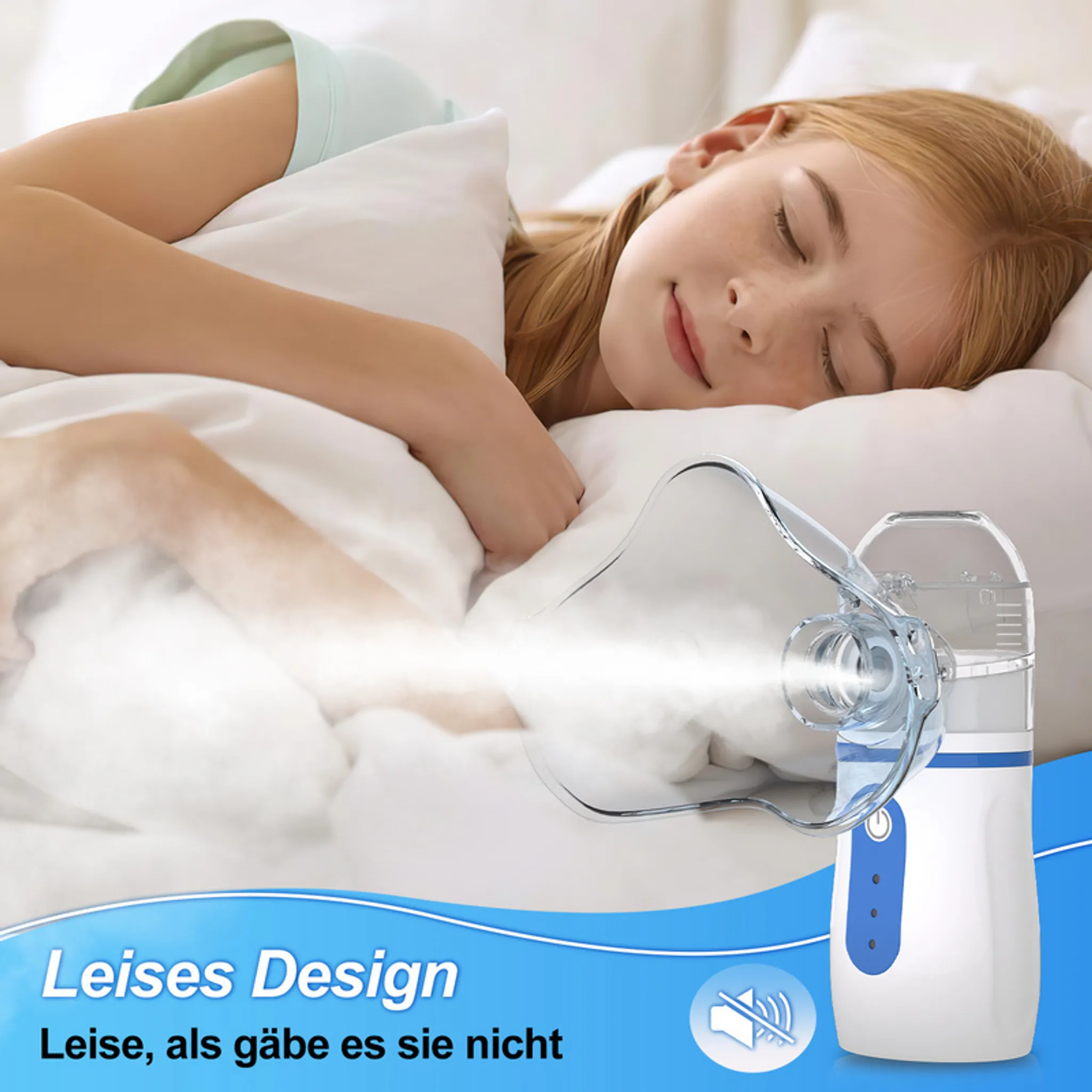 Ein junges Mädchen schläft im Bett, während ein Vernebler Nebel sprüht. Text unten: 'Leises Design'.
