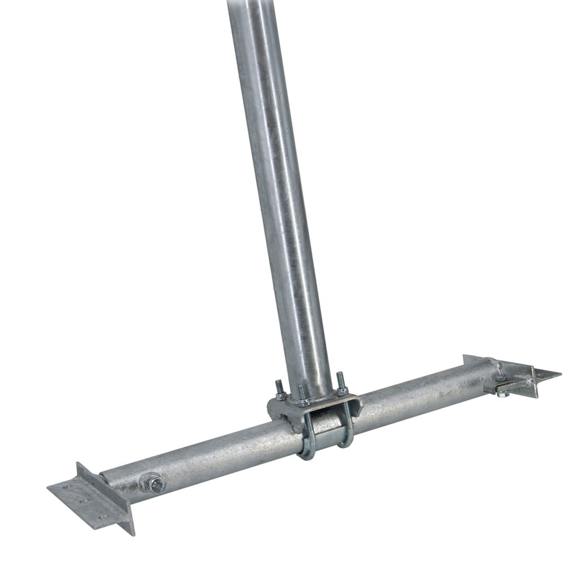 Eine silberne Metallstange mit einem horizontalen Balken, die mit U-Bolzen zusammengehalten werden. Weißer Hintergrund.