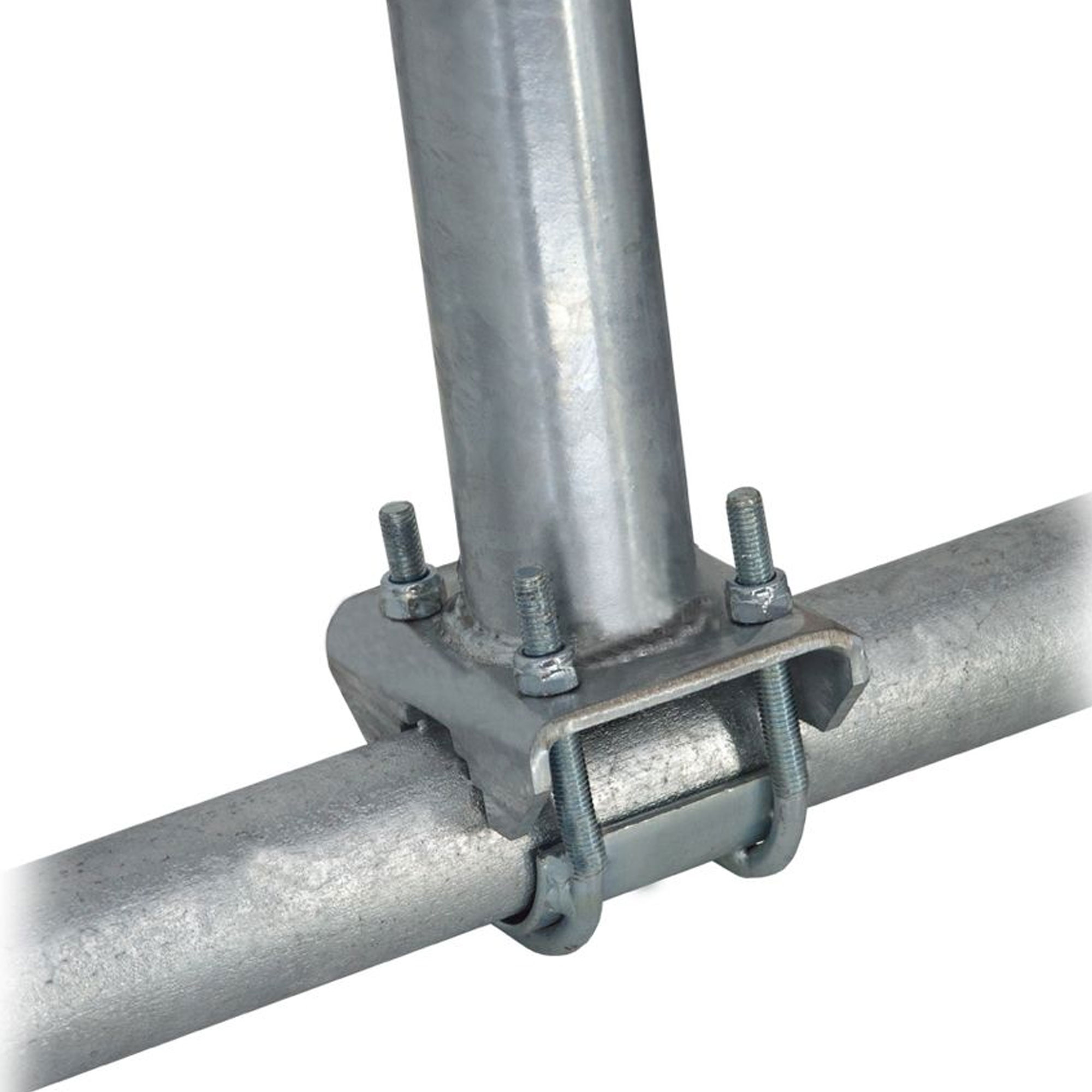 Ein Metallrohrverbinder. Er besteht aus einer Metallhalterung und Schrauben, Nahaufnahme.