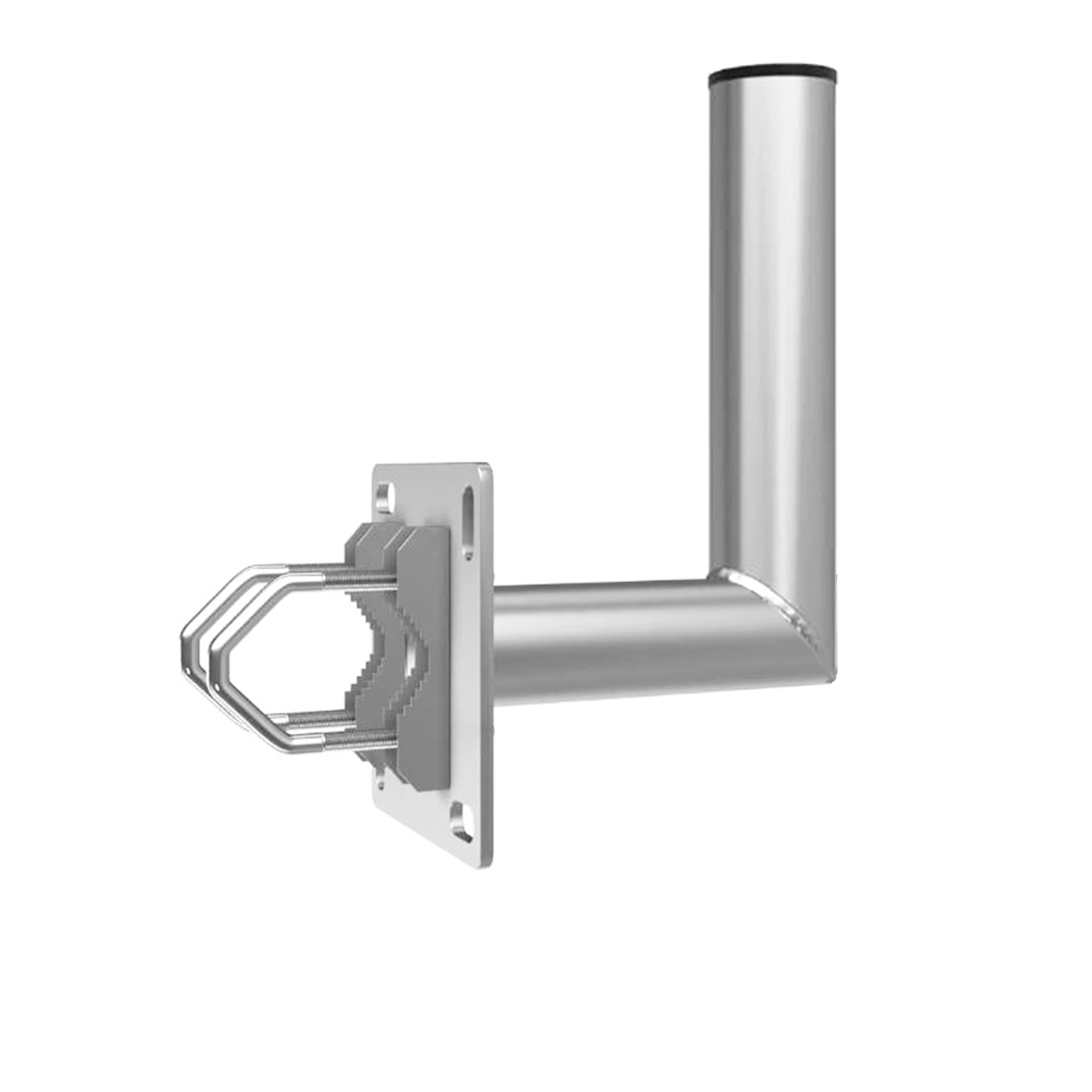 L-förmige Metall-Antennenhalterung mit U-Bügelklemme auf weißem Hintergrund. Einfaches, sauberes Design.