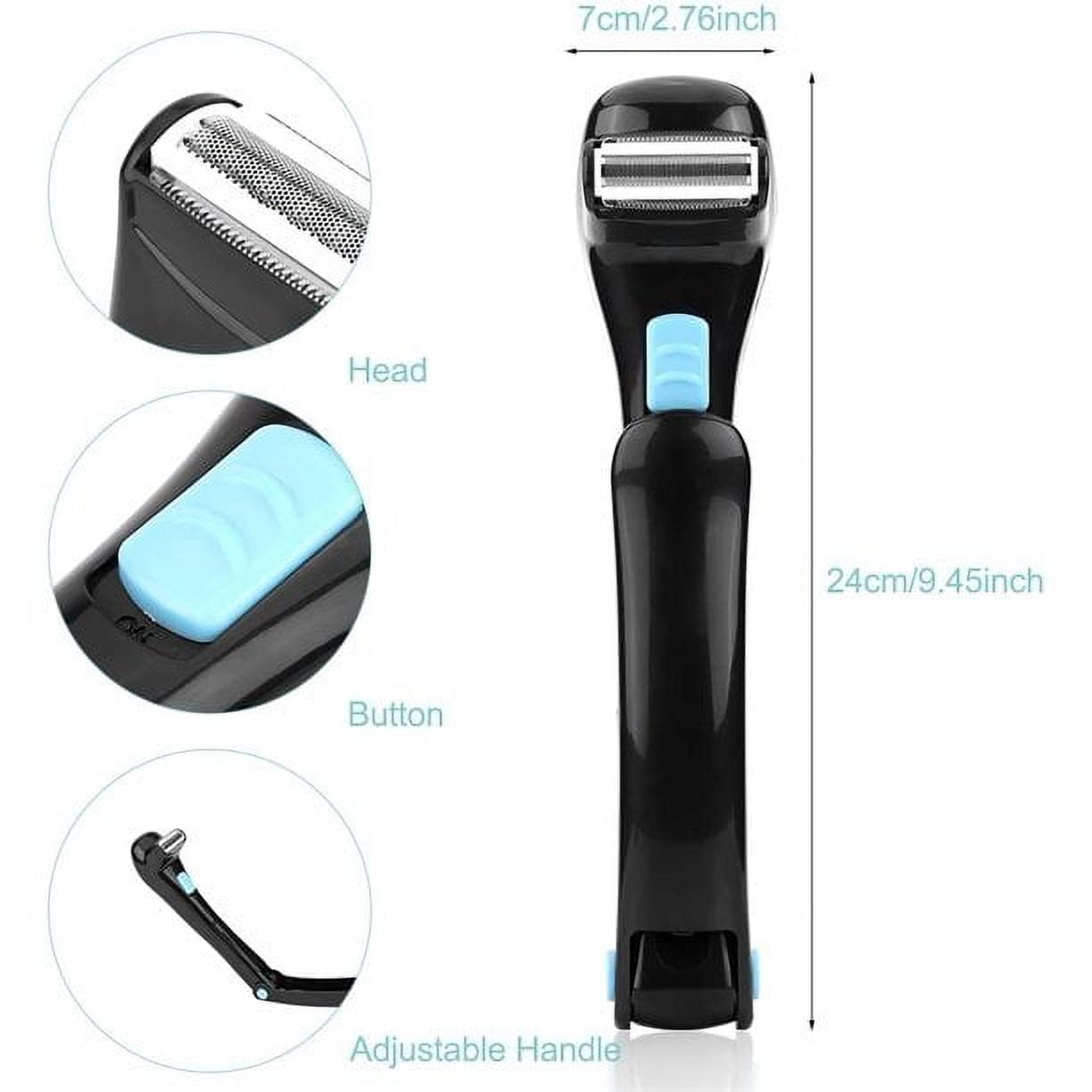 Schwarzer Elektrorasierer mit drei Detailansichten: Kopf, Knopf und verstellbarer Griff. Maße sind angegeben.