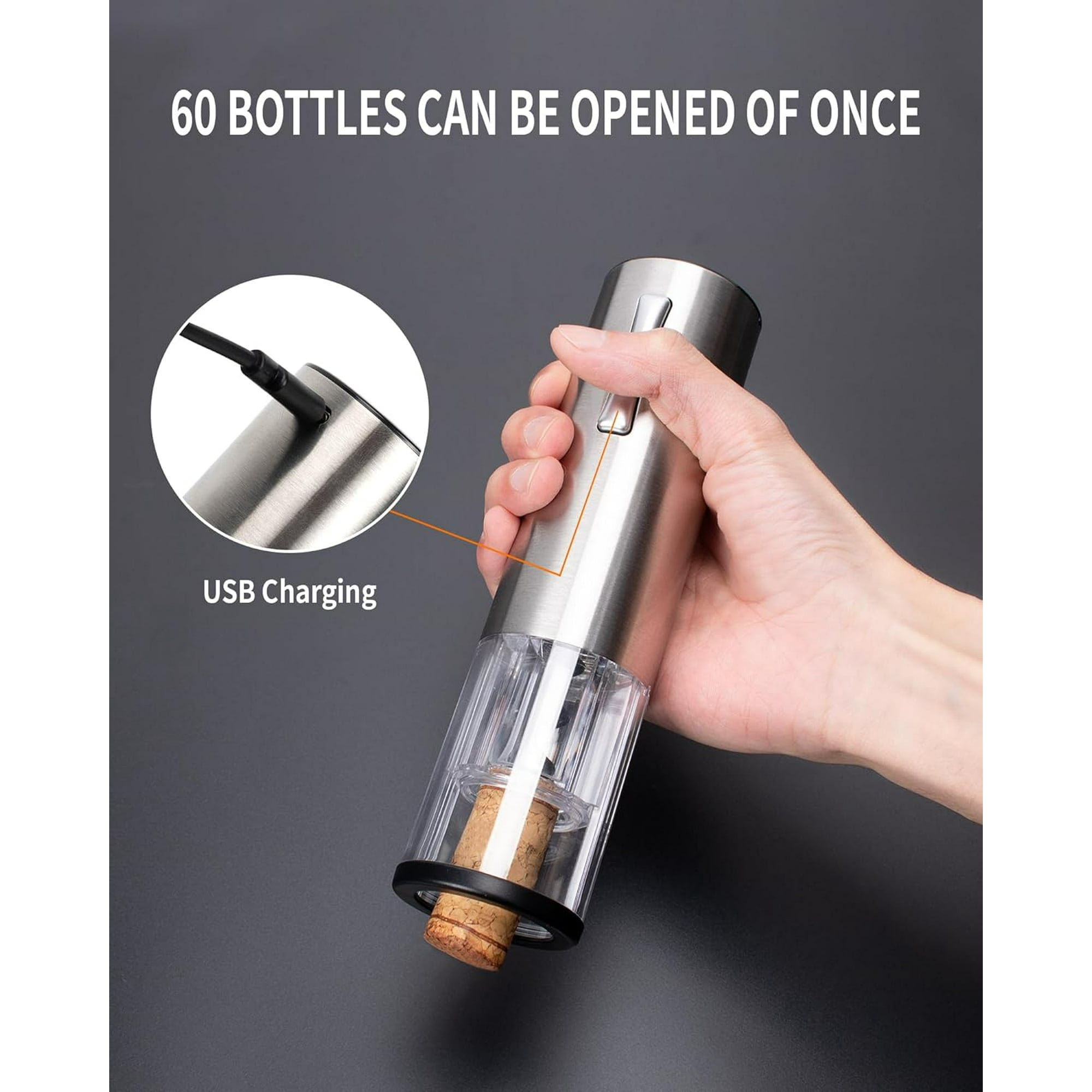 Silberner elektrischer Weinöffner mit USB-Aufladung. Zeigt eine Flasche mit einem Korken darin.
