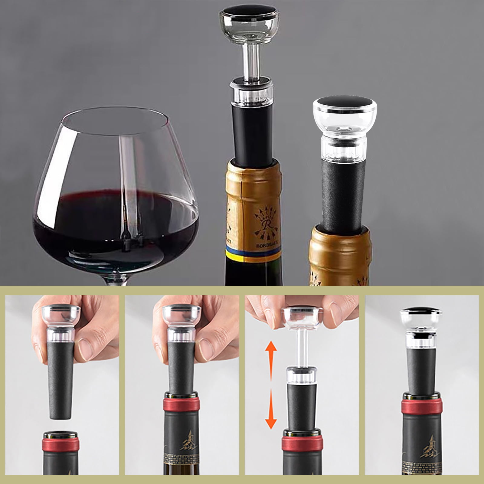 Bilder, die eine Weinflasche mit Wein-Zubehör zeigen. Enthält das Eingießen von Wein.