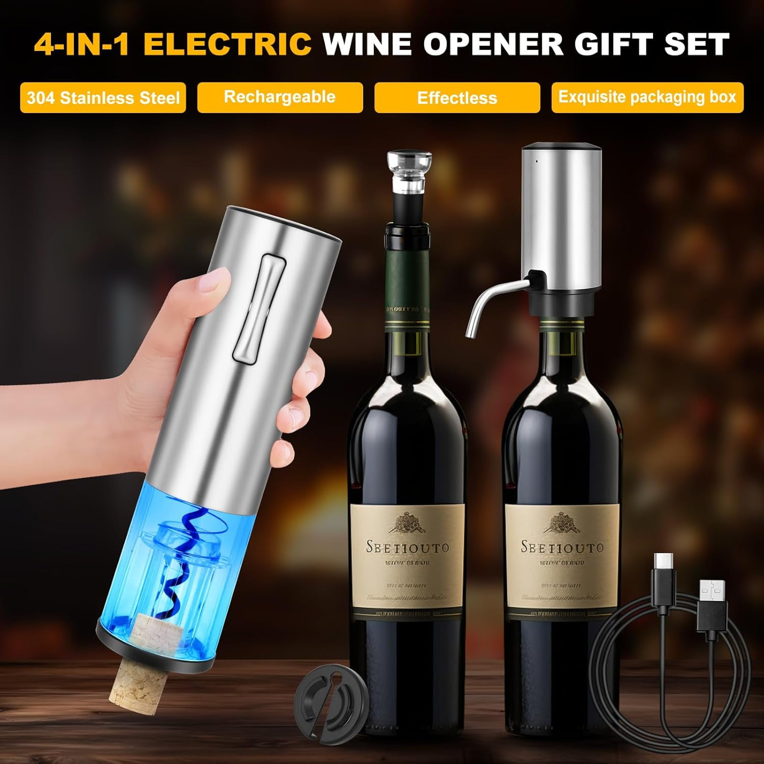 Elektrisches Weinöffner-Geschenkset mit Flasche, Folienschneider und Ladekabel.