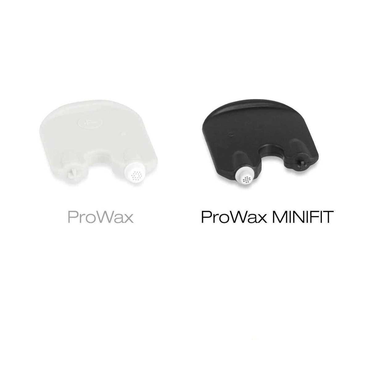 Zwei ProWax-Hörgeräte-Wachsschutzfilter, weiß und schwarz, auf weißem Grund.