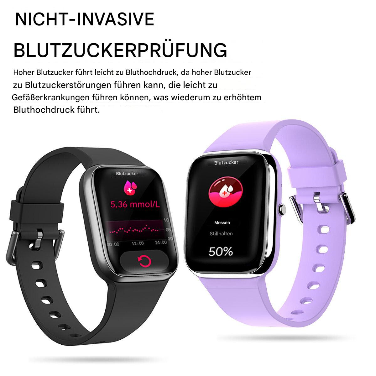Smartwatches, eine schwarz, eine lila, die Blutzuckerwerte anzeigen.