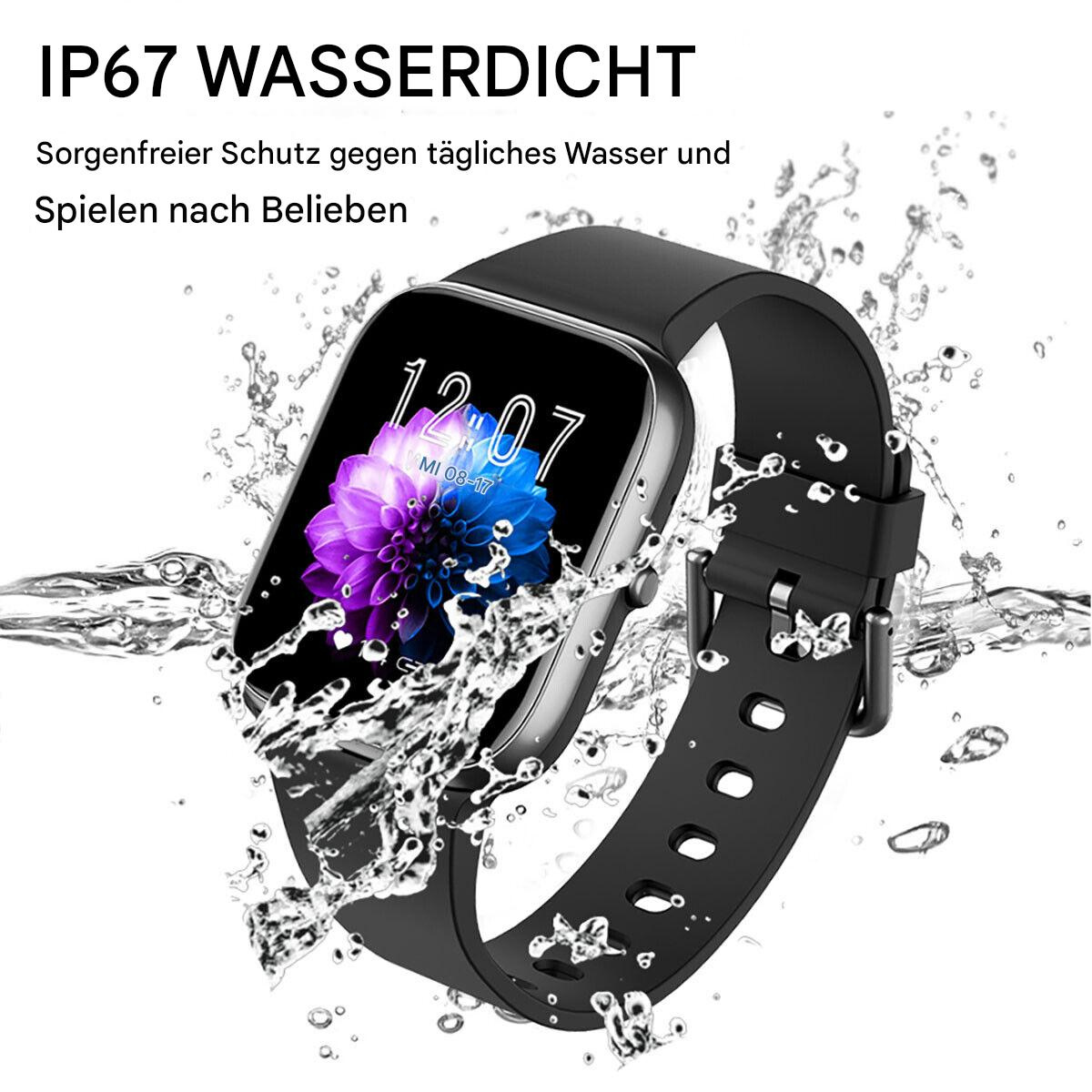 Eine schwarze Smartwatch mit Wassertröpfchen darum. Die Uhr zeigt die Zeit an.