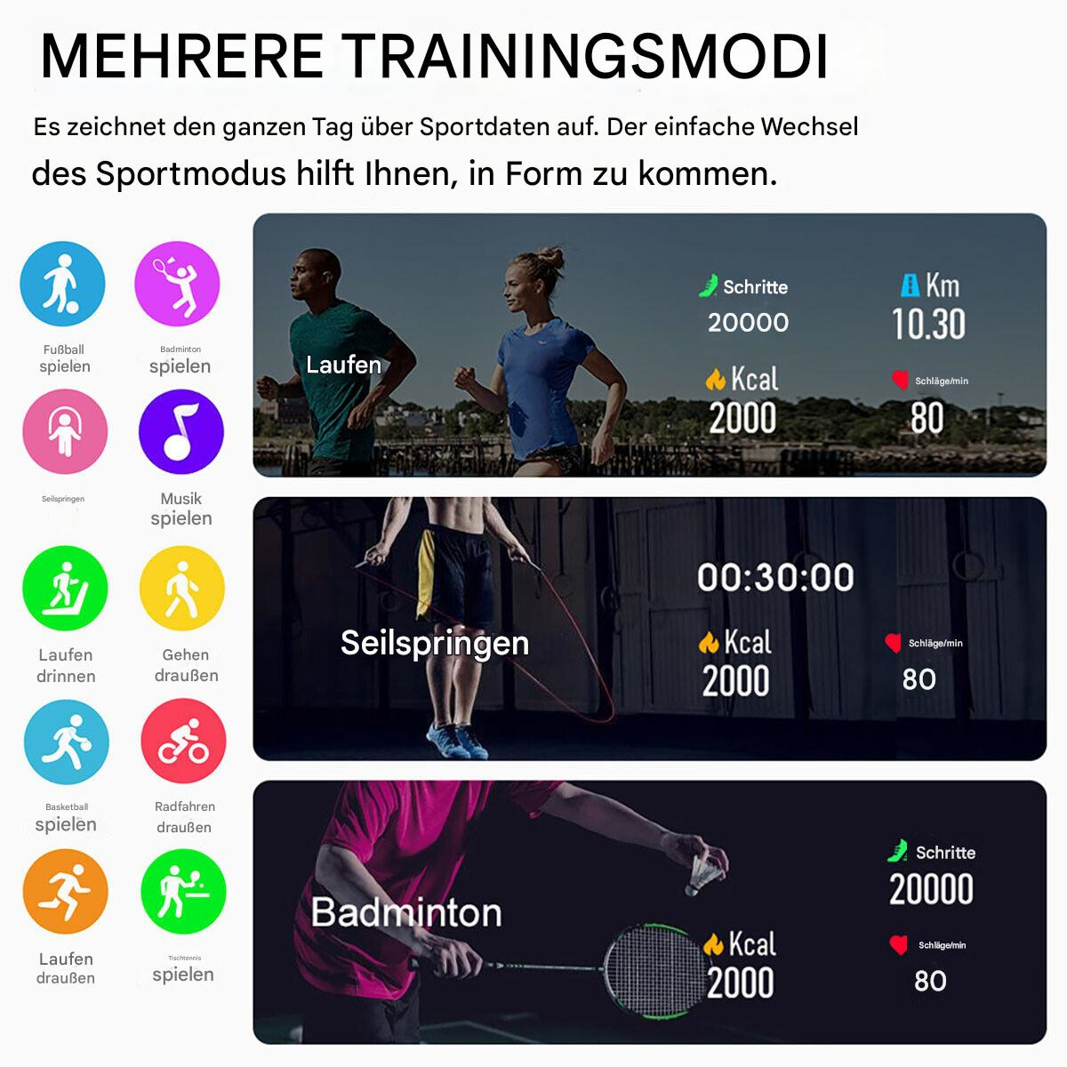 Mehrere Trainingsmodi mit Symbolen für Sportaktivitäten und zugehörigen Daten wie Schritte, Kalorien und Herzfrequenz.