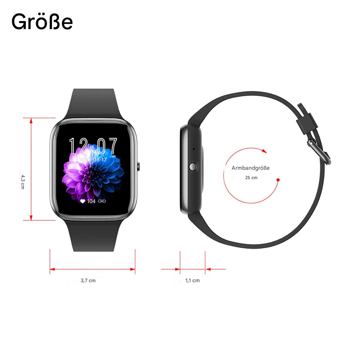 Eine schwarze Smartwatch, die die Uhrzeit anzeigt. Die Abmessungen sind in Zentimetern angegeben.