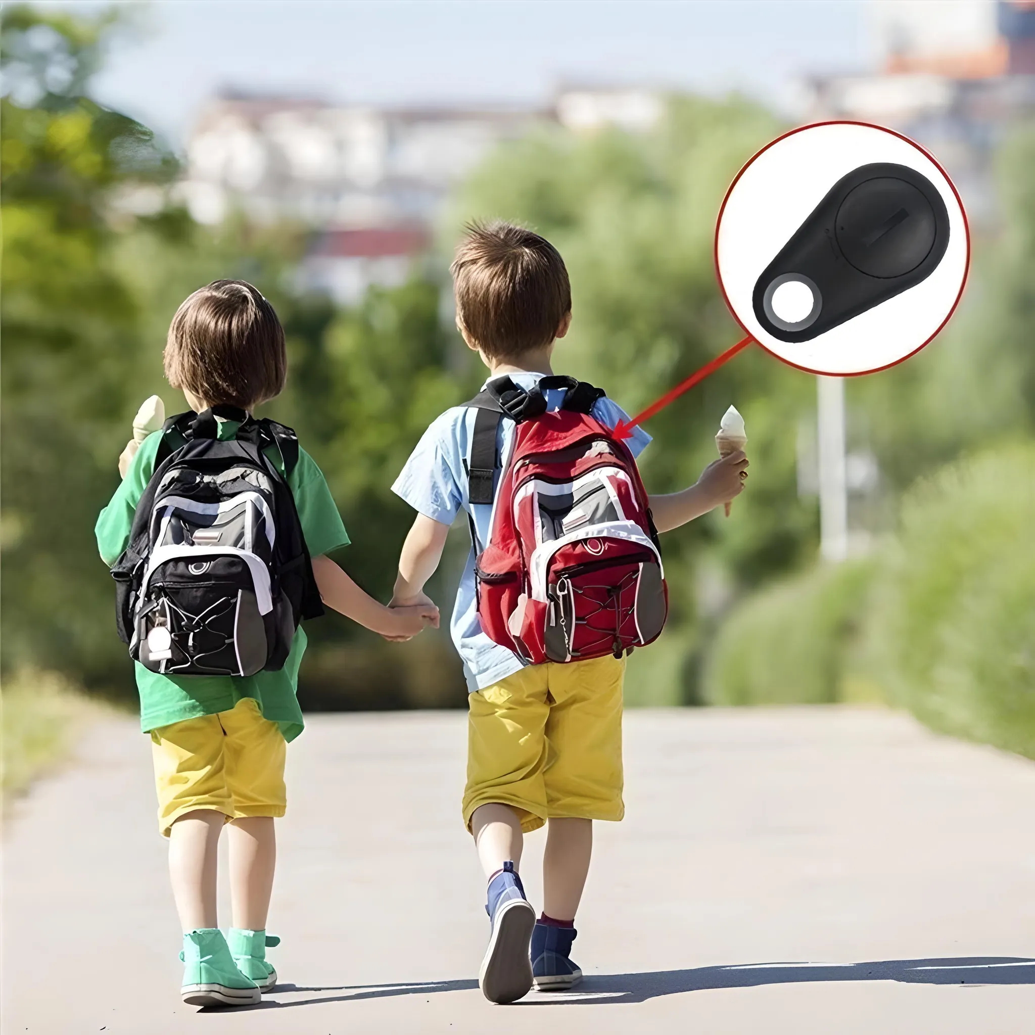 Zwei Kinder im Park halten Händchen, mit Rucksäcken und Eis. Ein schwarzer Tracker ist umkreist.