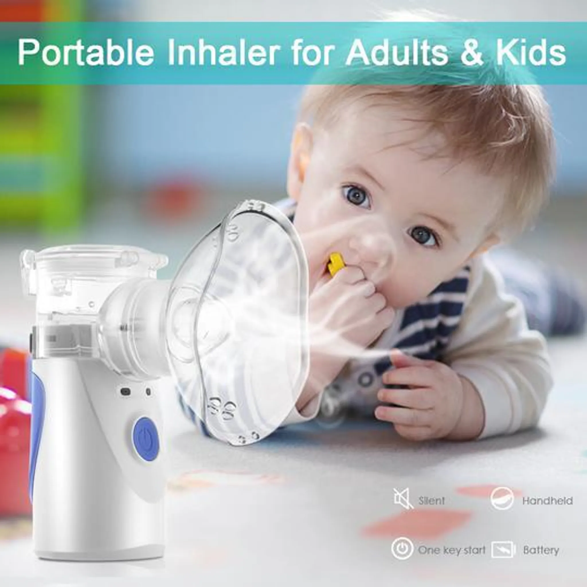 Baby mit Inhalationsmaske, neben tragbarem Vernebler, Text 'Inhalator'.
