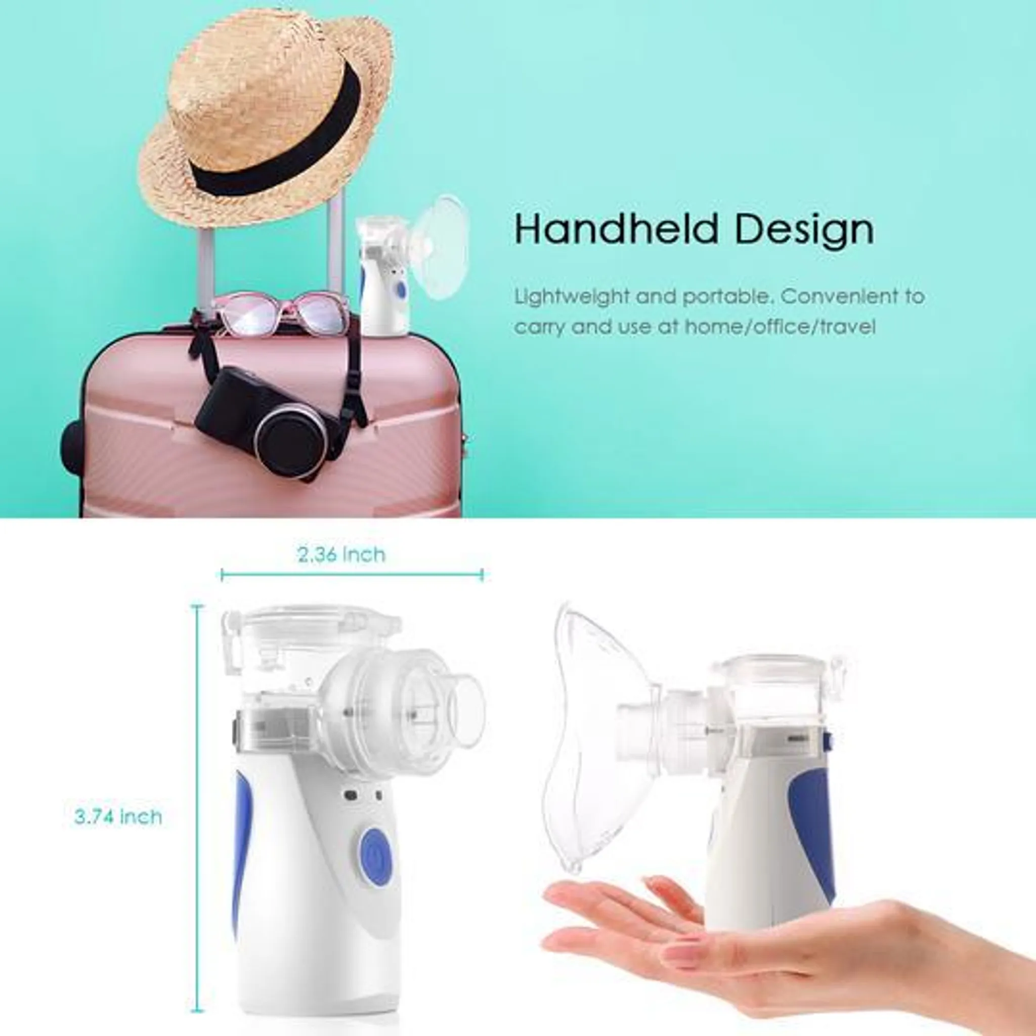 Inhalator mit Zubehör, Reisetasche und Hut, weißer Hintergrund.