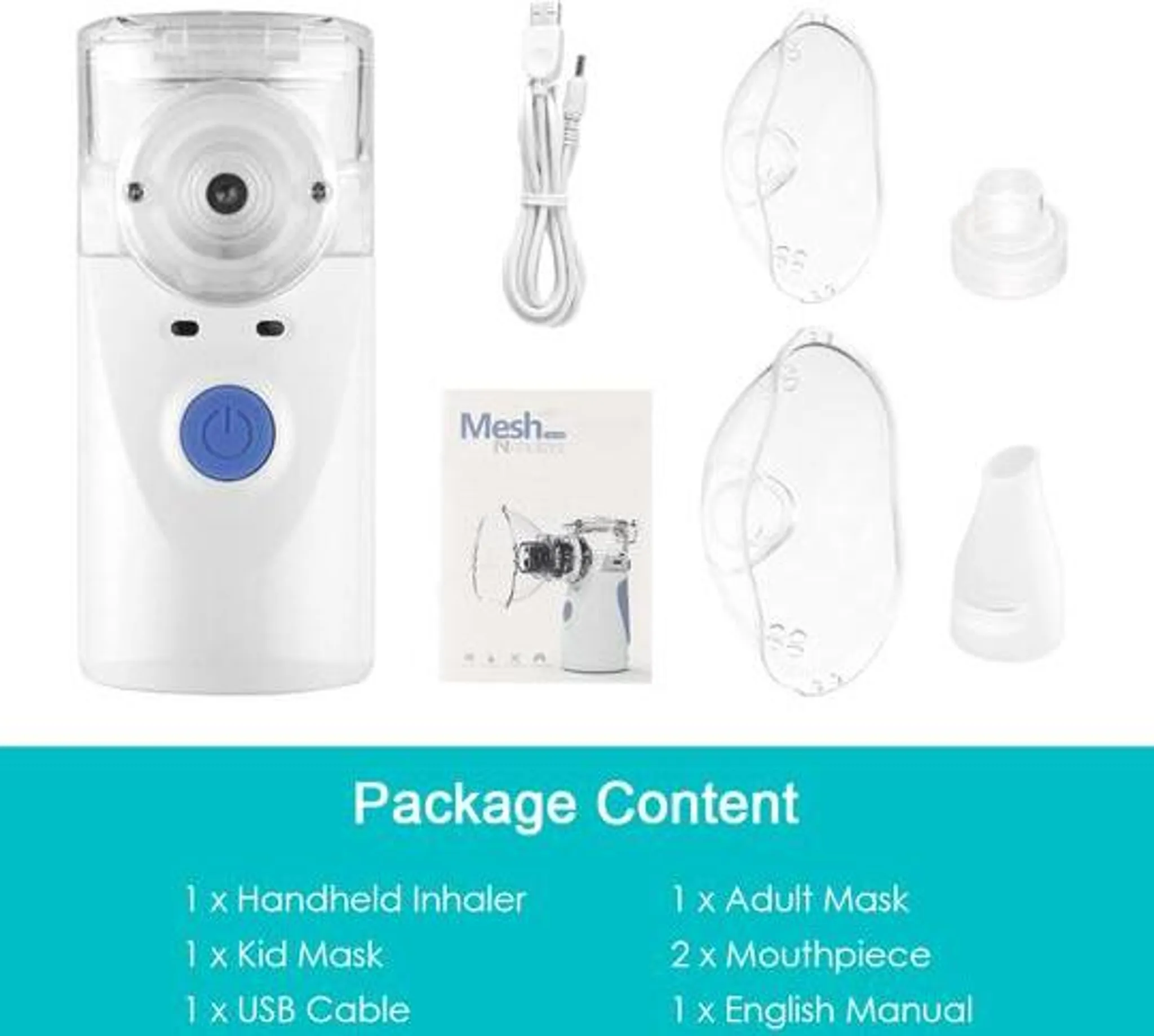 Paket mit einem Handinhalator, Masken, USB-Kabel und Handbuch.