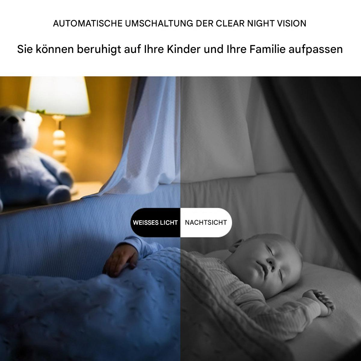 Geteiltes Bild: Links ein schlafendes Baby. Rechts die gleiche Szene in Schwarzweiß-Nachtsicht.