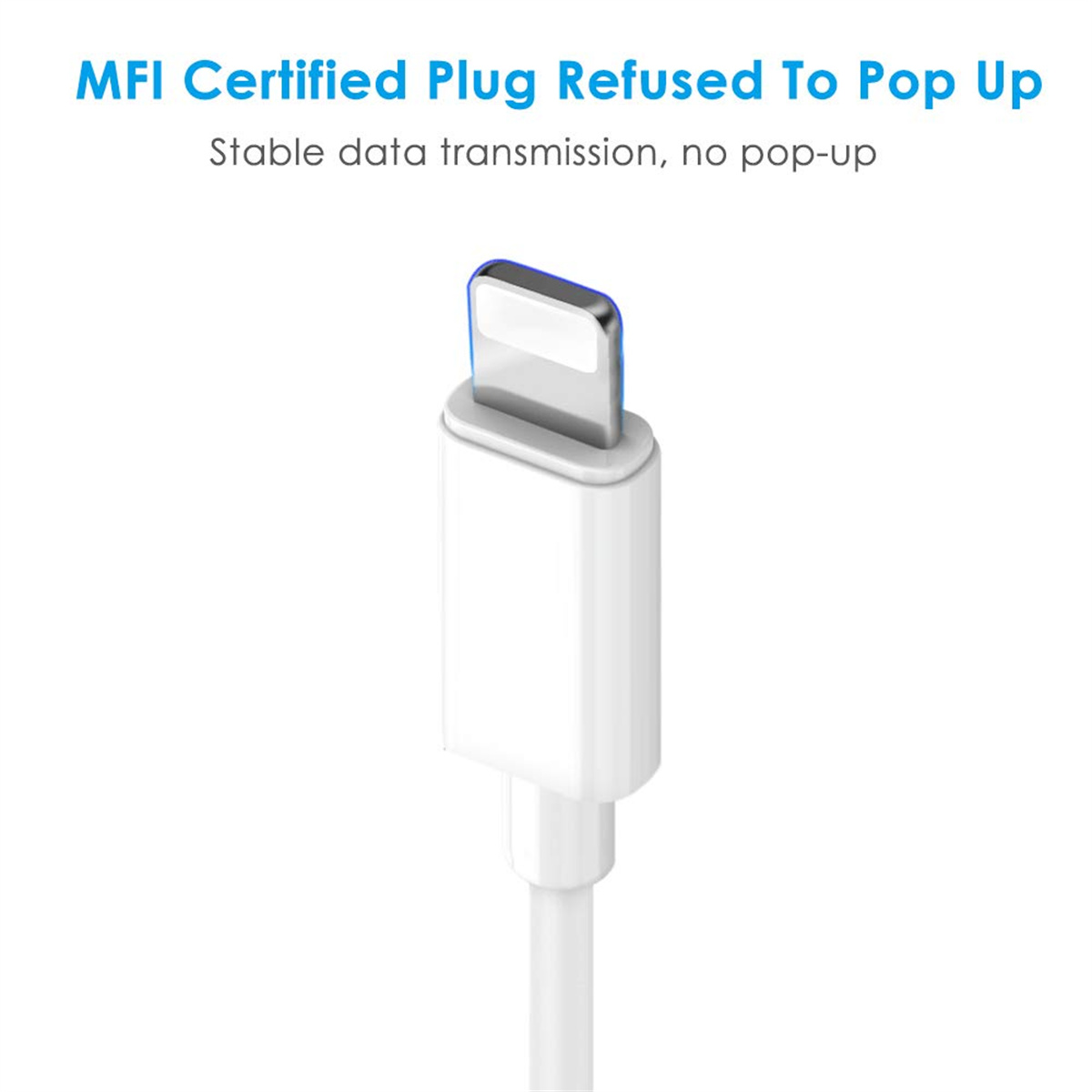 Weißes Ladekabel, Lightning-Anschluss, mit Text: MFI-zertifizierter Stecker weigert sich, aufzutauchen.