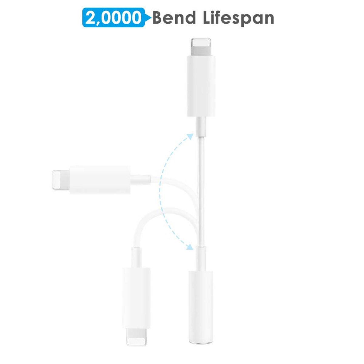 Ein weißer Telefonadapter mit einem Lightning-Anschluss in gebogener Position.
