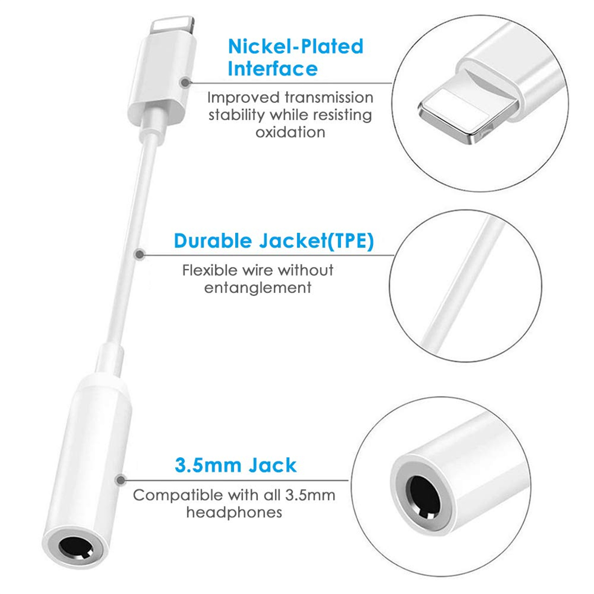 Ein weißer Adapter mit Lightning-Anschluss und 3,5-mm-Klinke. Textbeschriftungen sind enthalten.