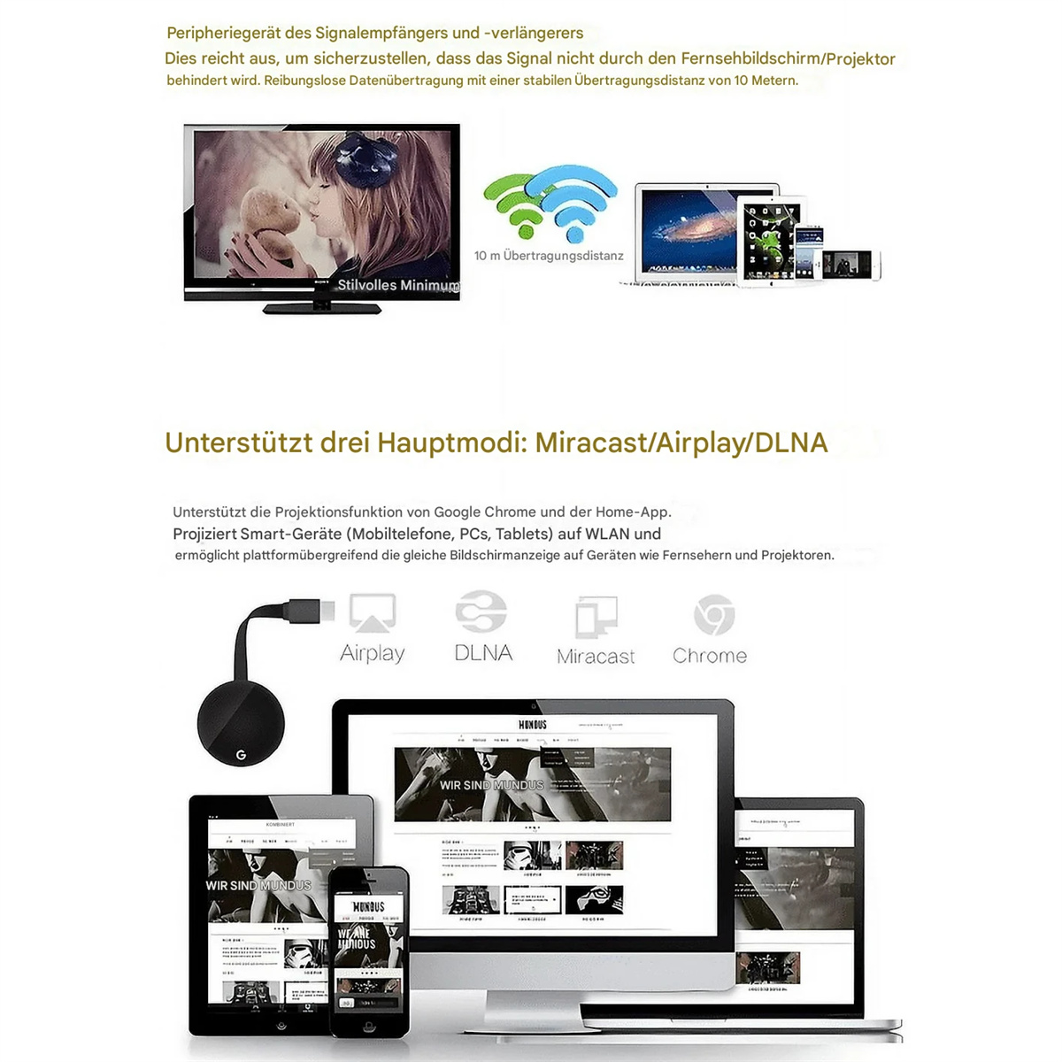 Ein Bildschirm, der einen Projektor anzeigt, mit Symbolen für Airplay, DLNA.