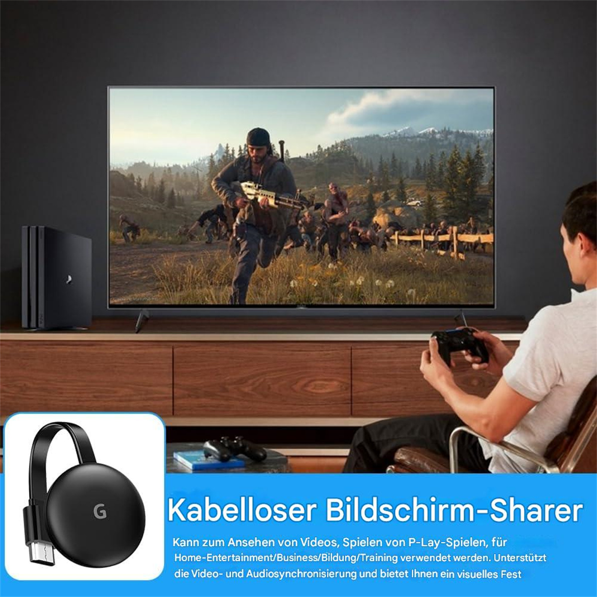 Eine Person spielt ein Videospiel auf einem Fernseher. Ein schwarzes Chromecast-Gerät wird gezeigt.