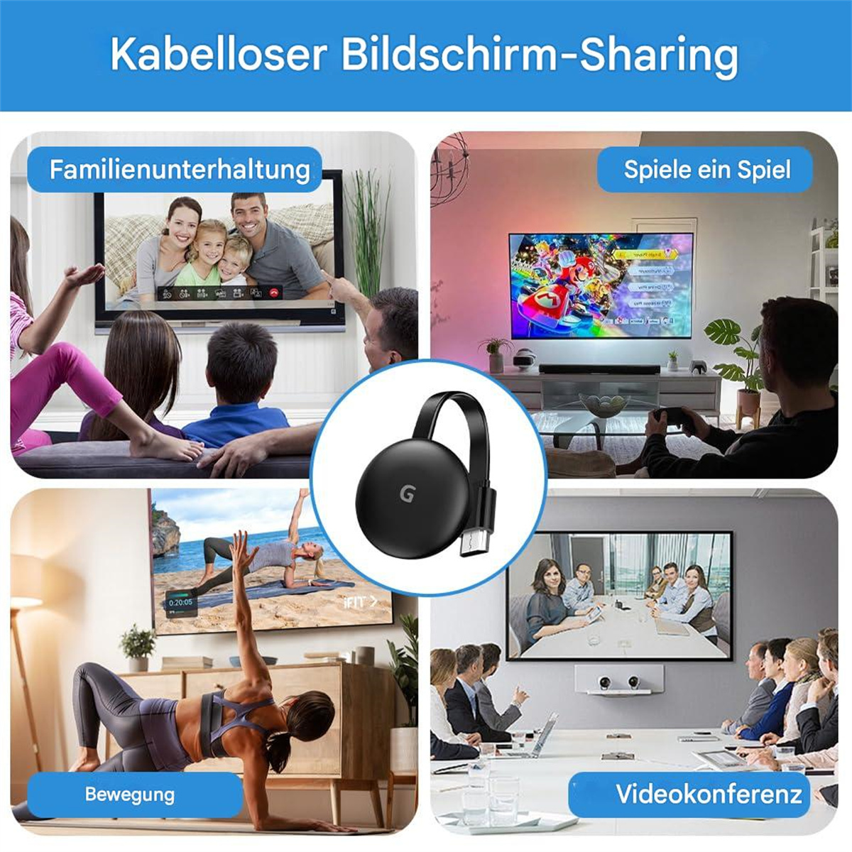 Eine Collage, die drahtlose Bildschirmfreigabe auf Fernsehgeräten für Familie, Spiele, Sport und Meetings zeigt.