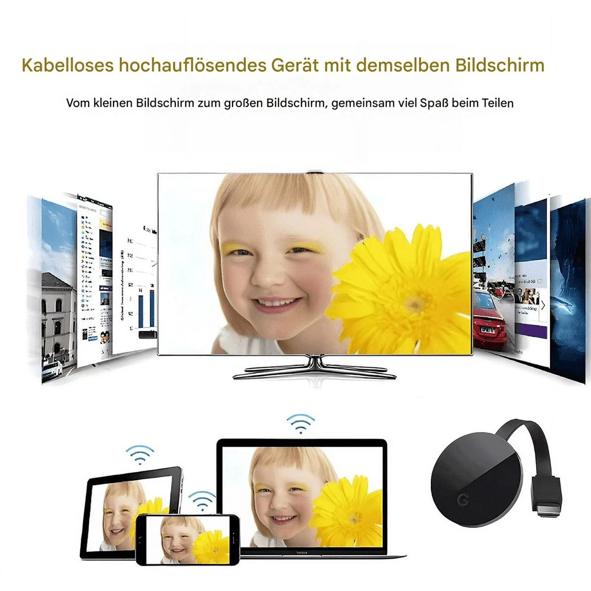 Verschiedene Bildschirme mit Mädchen, verbunden mit schwarzem Streaming-Gerät.