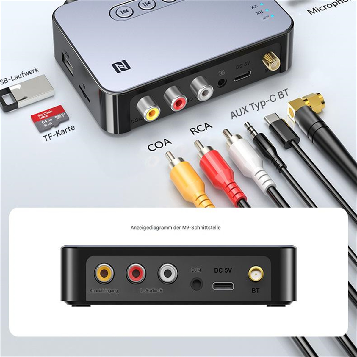 Schwarzer und silberner Audioadapter mit verschiedenen Anschlüssen und Steckern.
