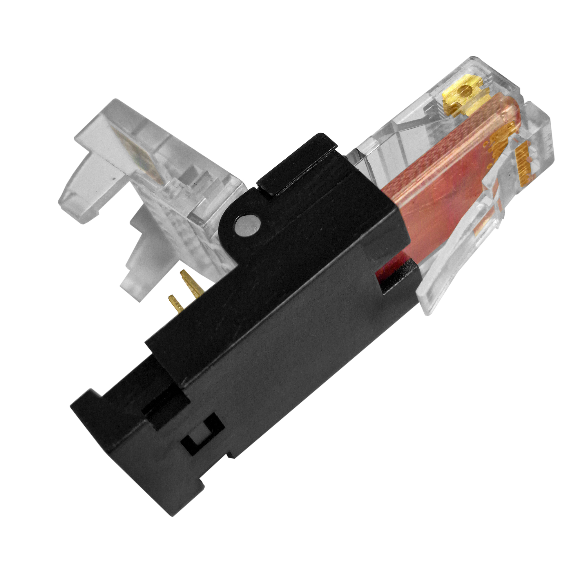 Ein kleiner schwarzer und transparenter elektronischer Stecker mit roter Innenkomponente.