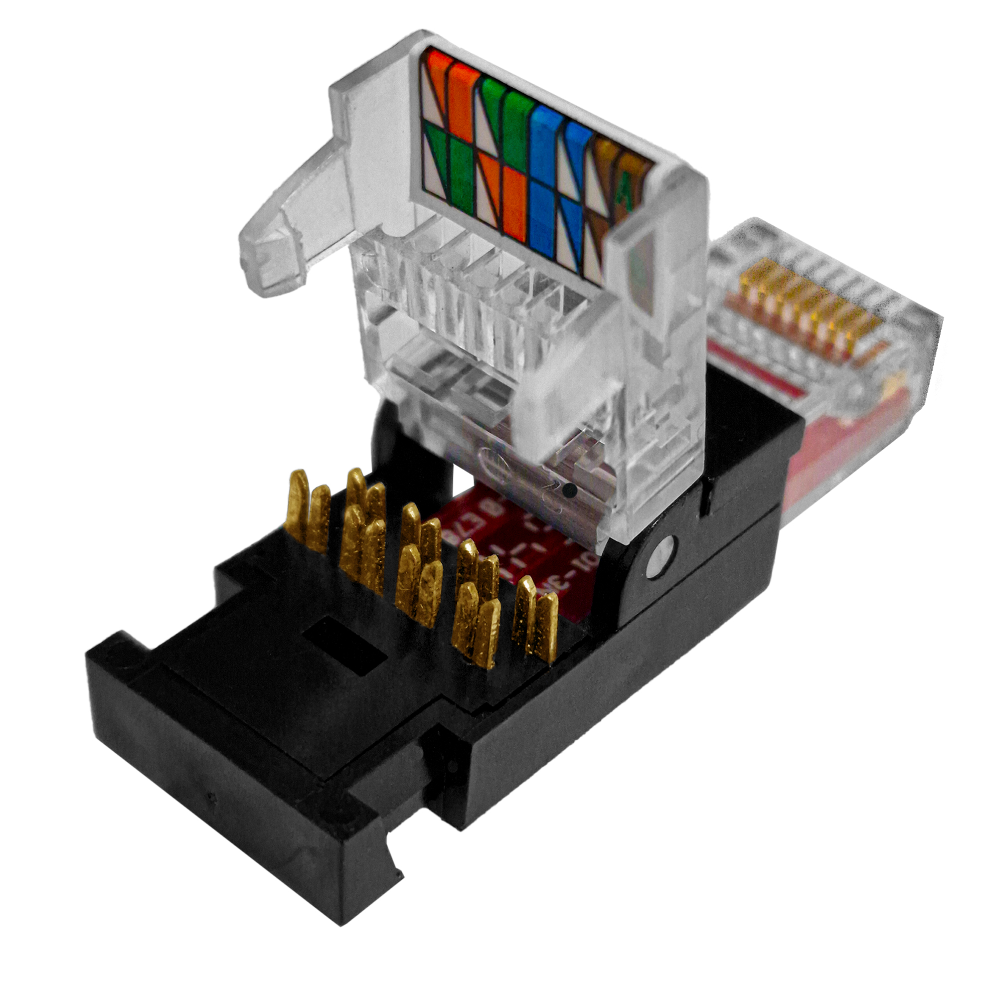 Ein Netzwerkstecker mit klarer Kunststoffabdeckung, der Drähte und Goldstifte zeigt.