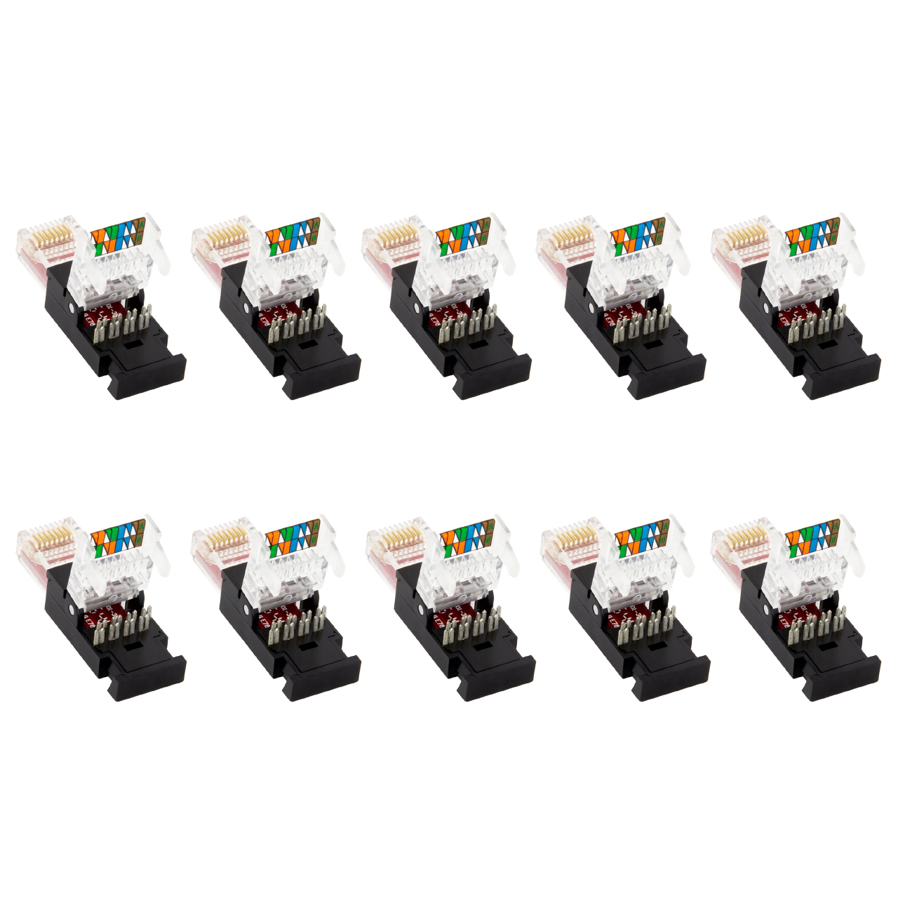 Zehn RJ45-Anschlüsse in zwei Reihen angeordnet, mit transparentem Kunststoff und farbigen Drähten im Inneren.
